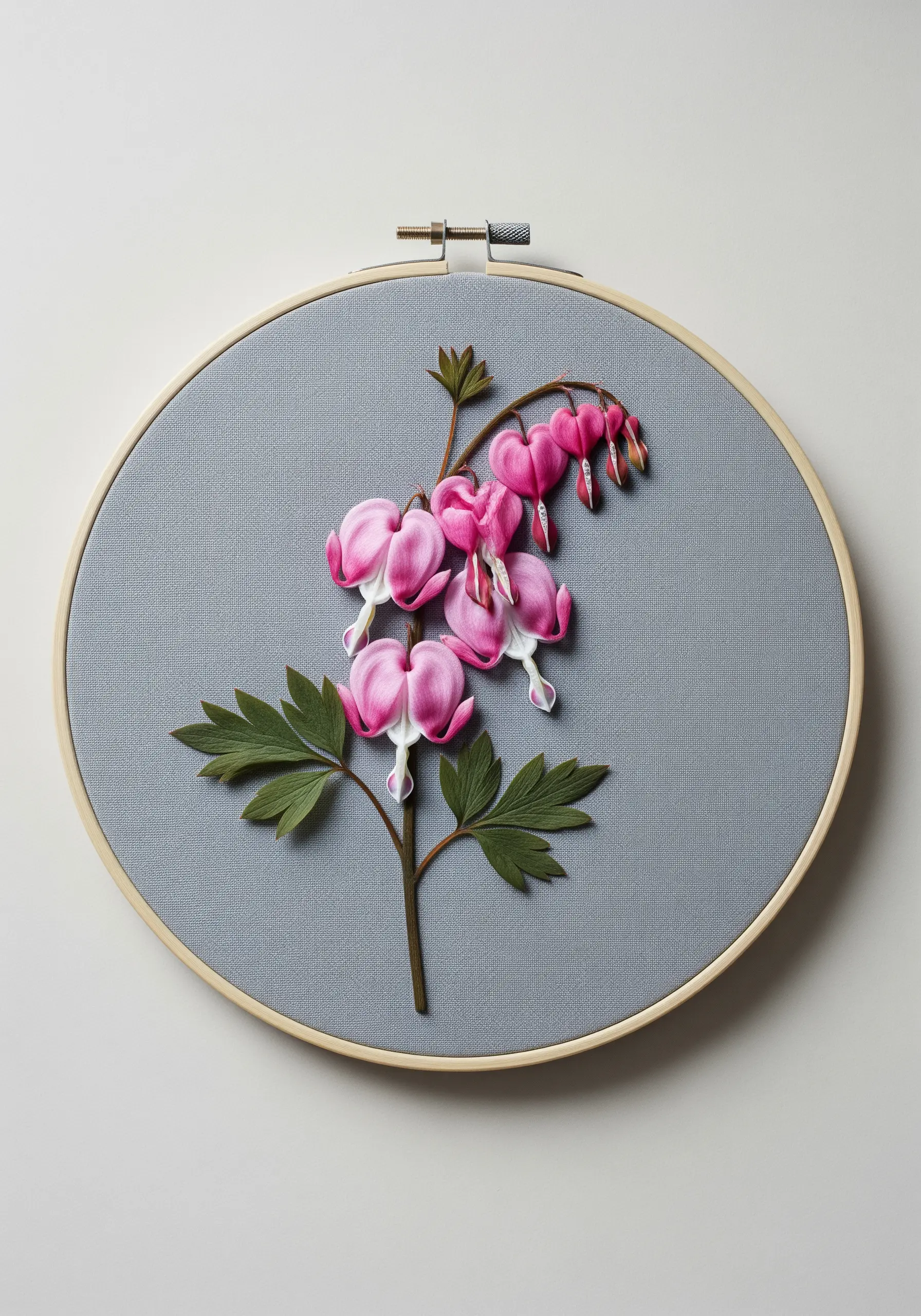 A branch of bleeding heart flowers embroidered with pink and white silk ribbon for a 3D effect.