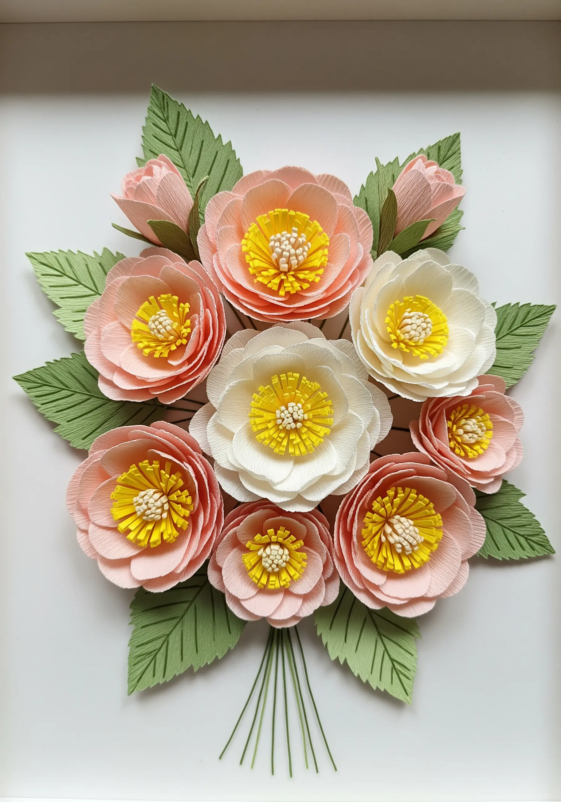 A bouquet of 3D crepe paper flowers in shades of pink and white with yellow centers.