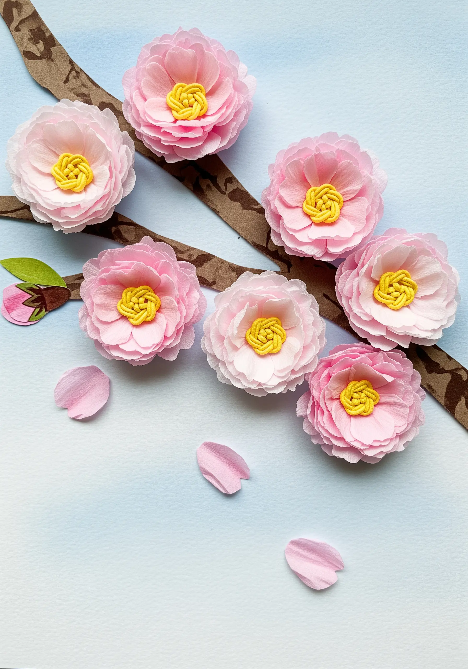 A branch of delicate, 3D cherry blossoms made from layered pink paper.