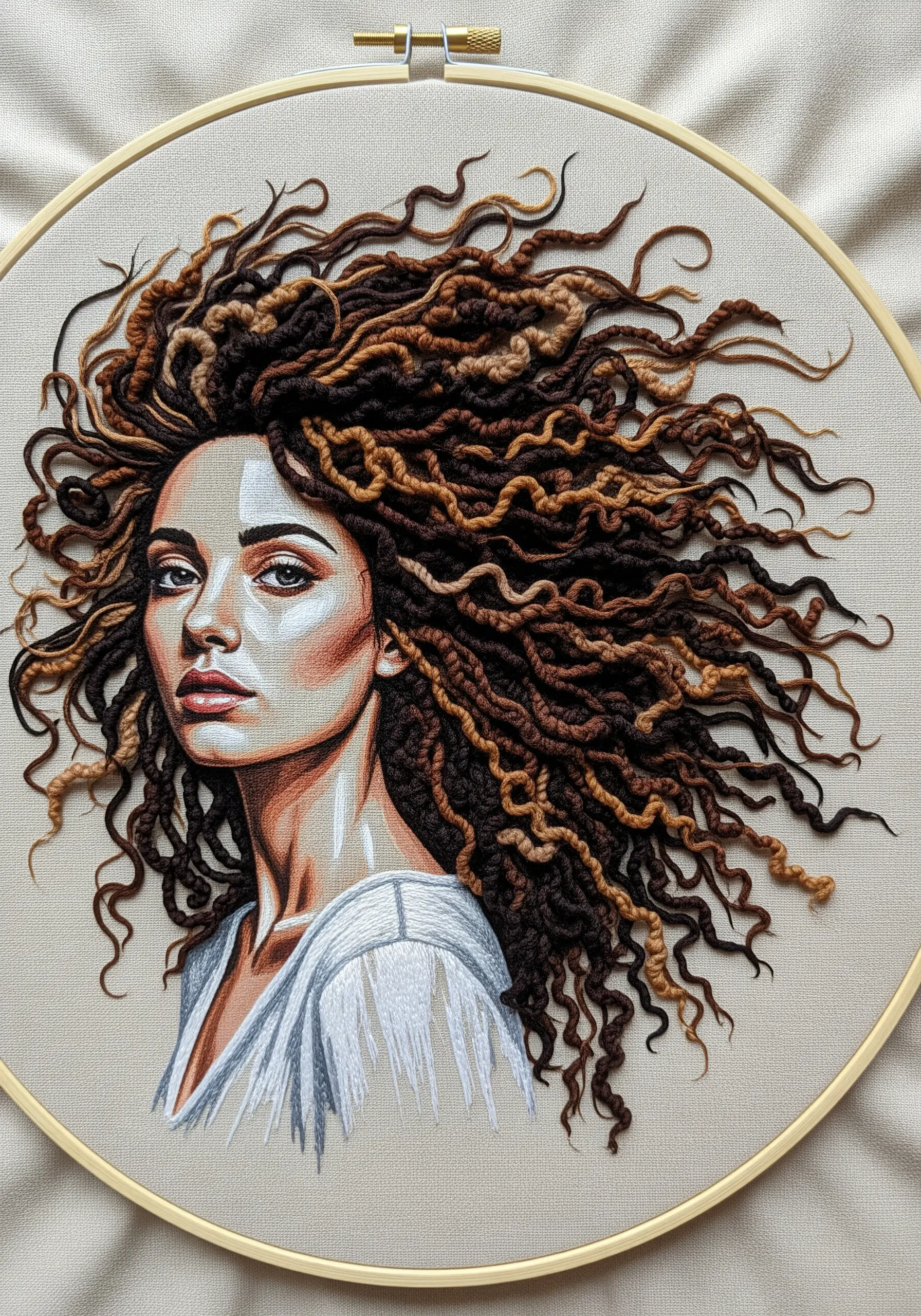 Embroidered portrait of a woman with voluminous, 3D textured dreadlocks and curls.