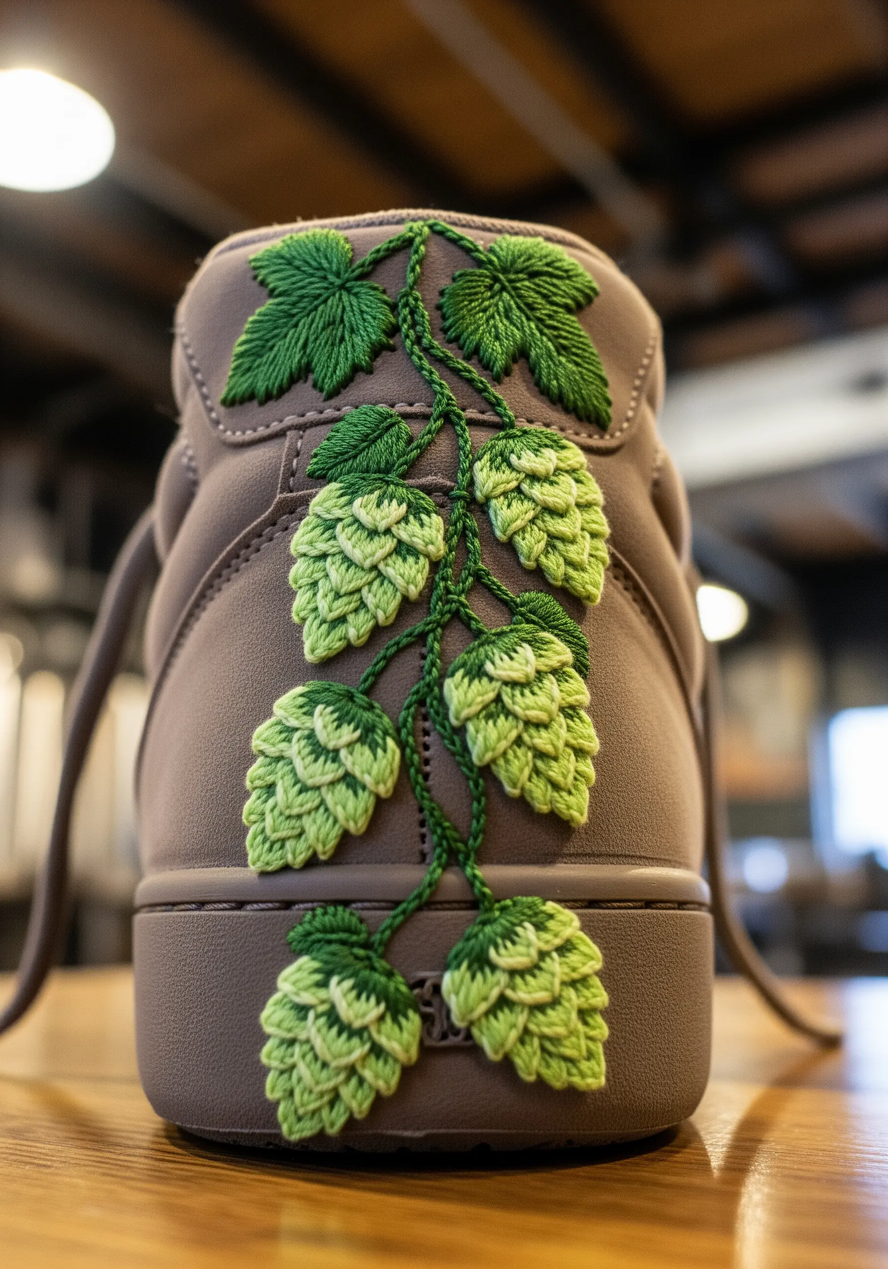 A vine of three-dimensional hops embroidered on the heel of a taupe-colored sneaker.
