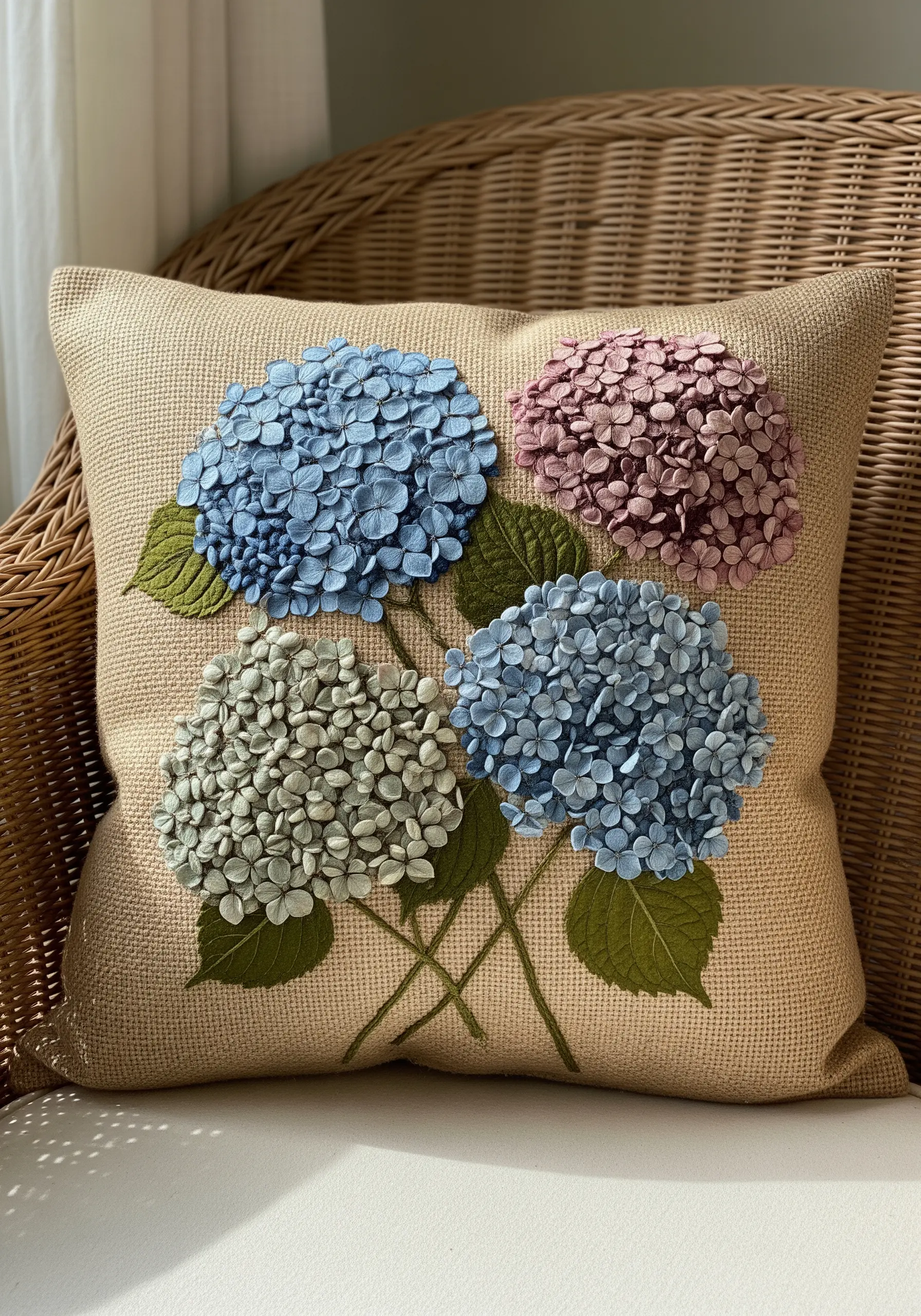Close-up of 3D embroidered hydrangeas in blue, pink, and white on a burlap cushion