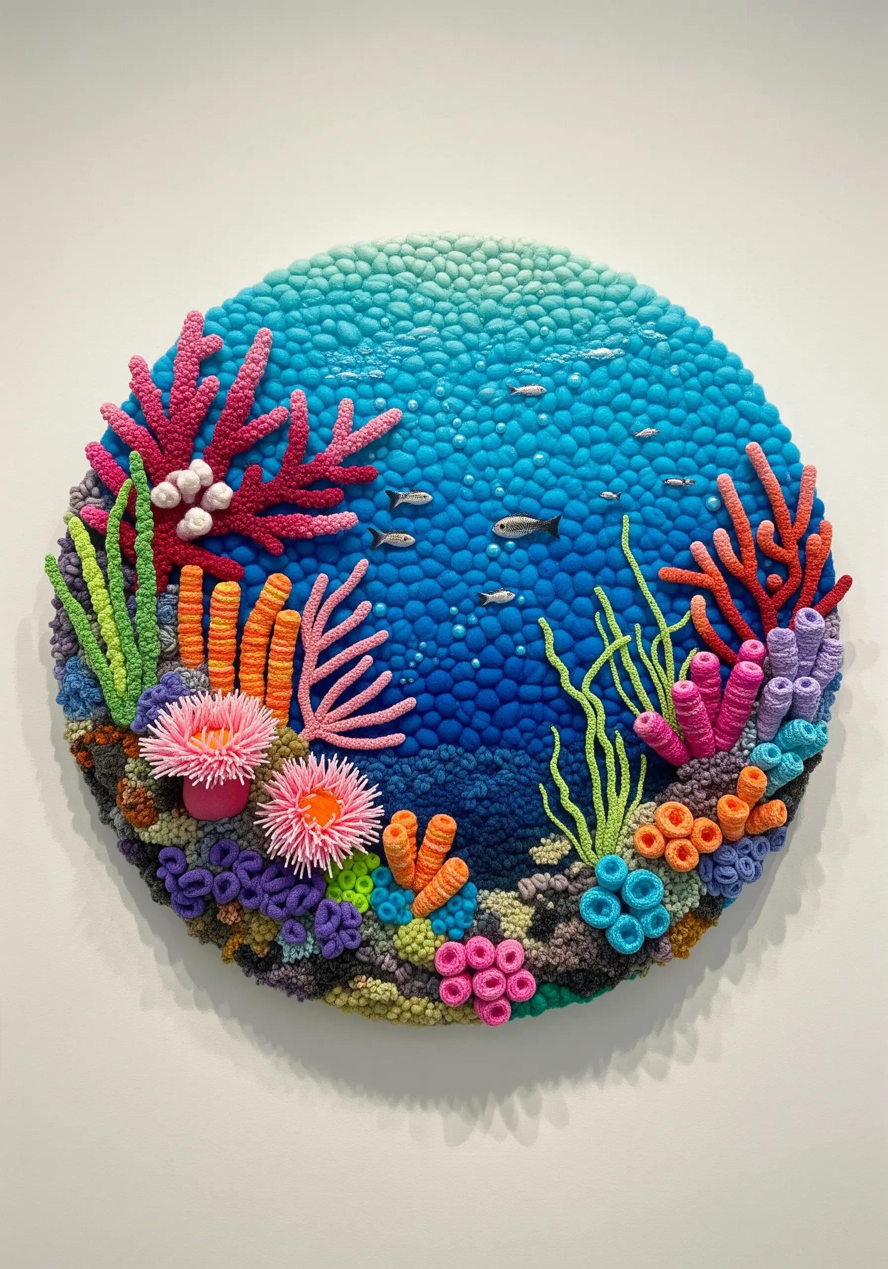 A round, highly textural fiber art piece depicting a colorful coral reef scene.