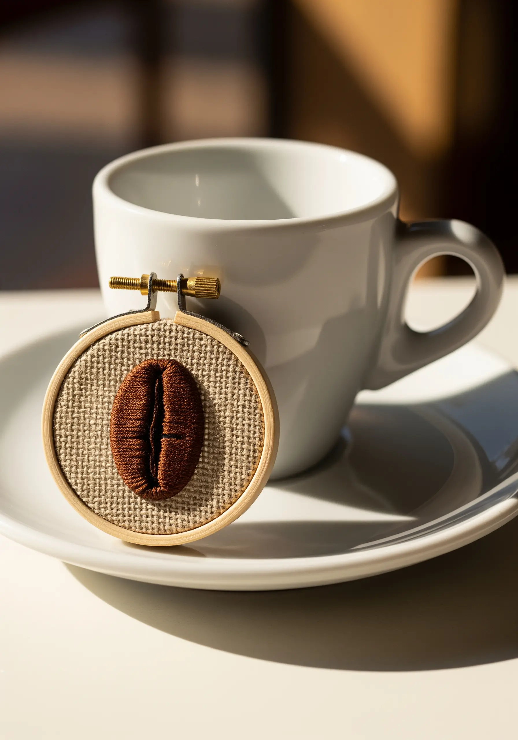 A padded satin stitch coffee bean in a tiny embroidery hoop.