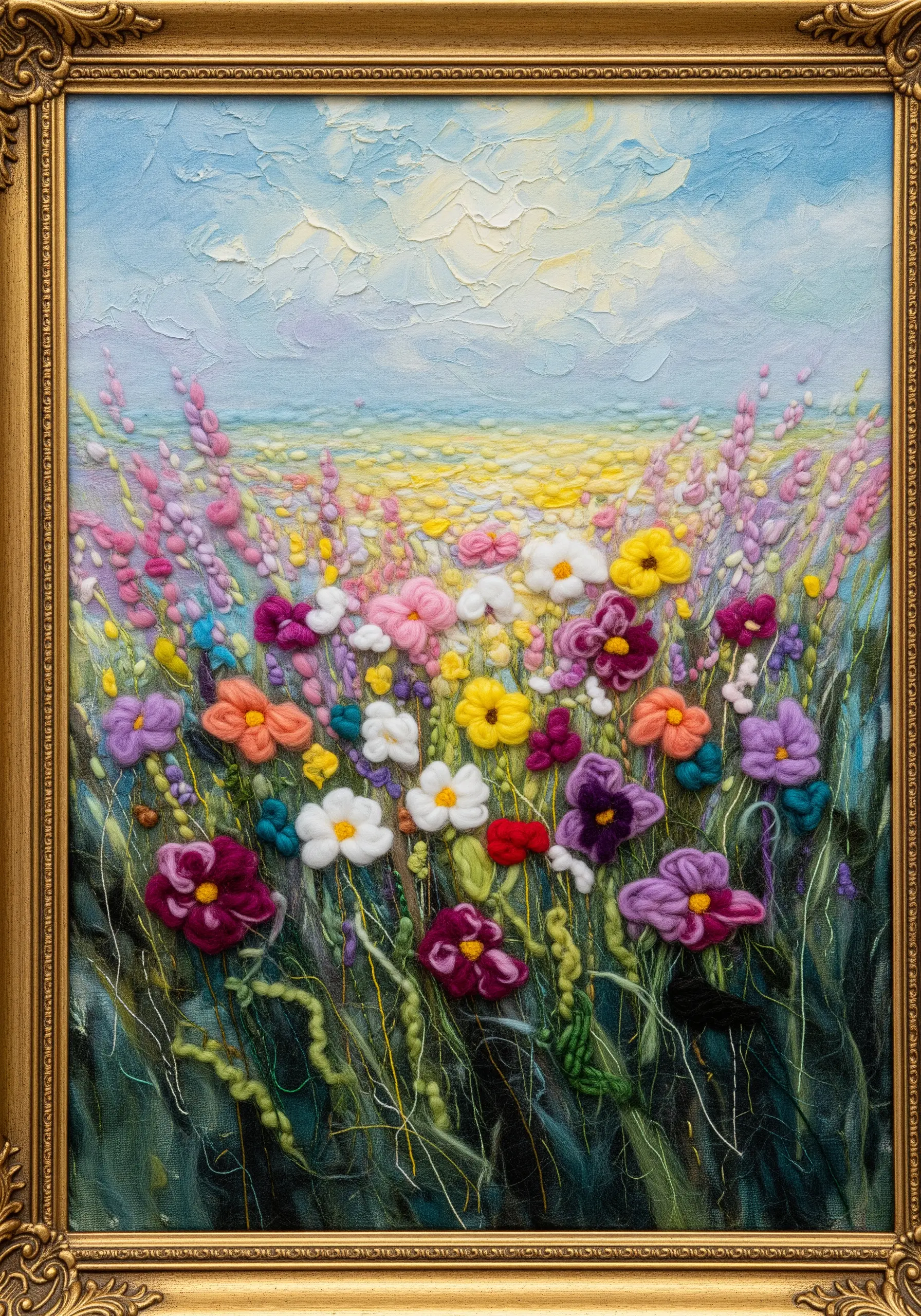 A 3D embroidered landscape in a gold frame with colorful flowers popping off the canvas.