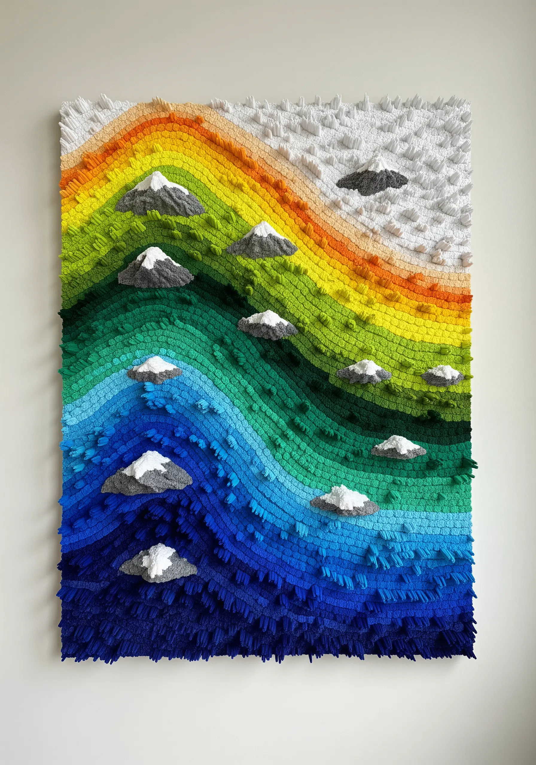 A highly textured wall hanging depicting a rainbow-colored landscape with 3D mountains and shaggy yarn.
