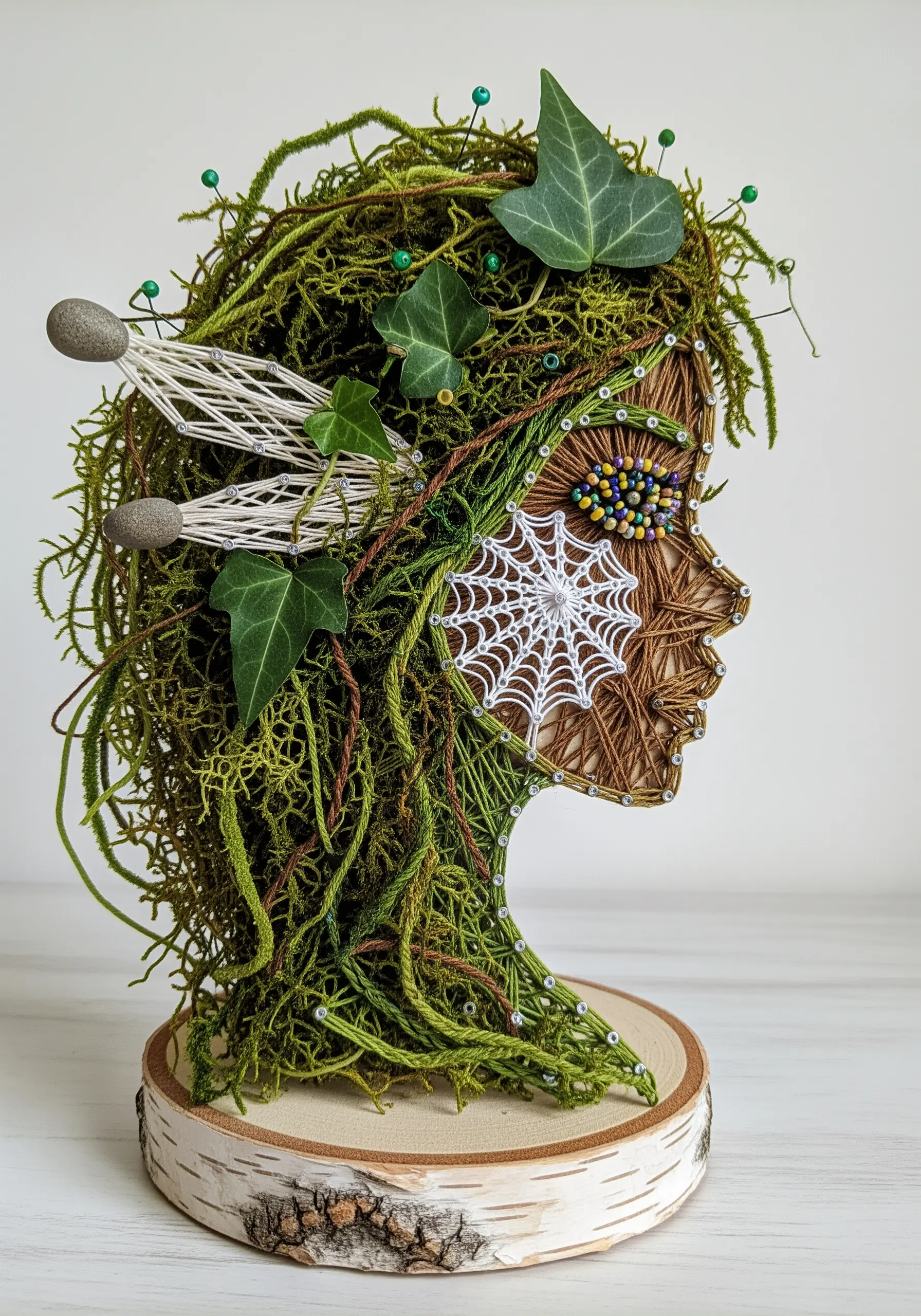 A 3D string art portrait in profile, with hair made from real moss, ivy, and beaded details.