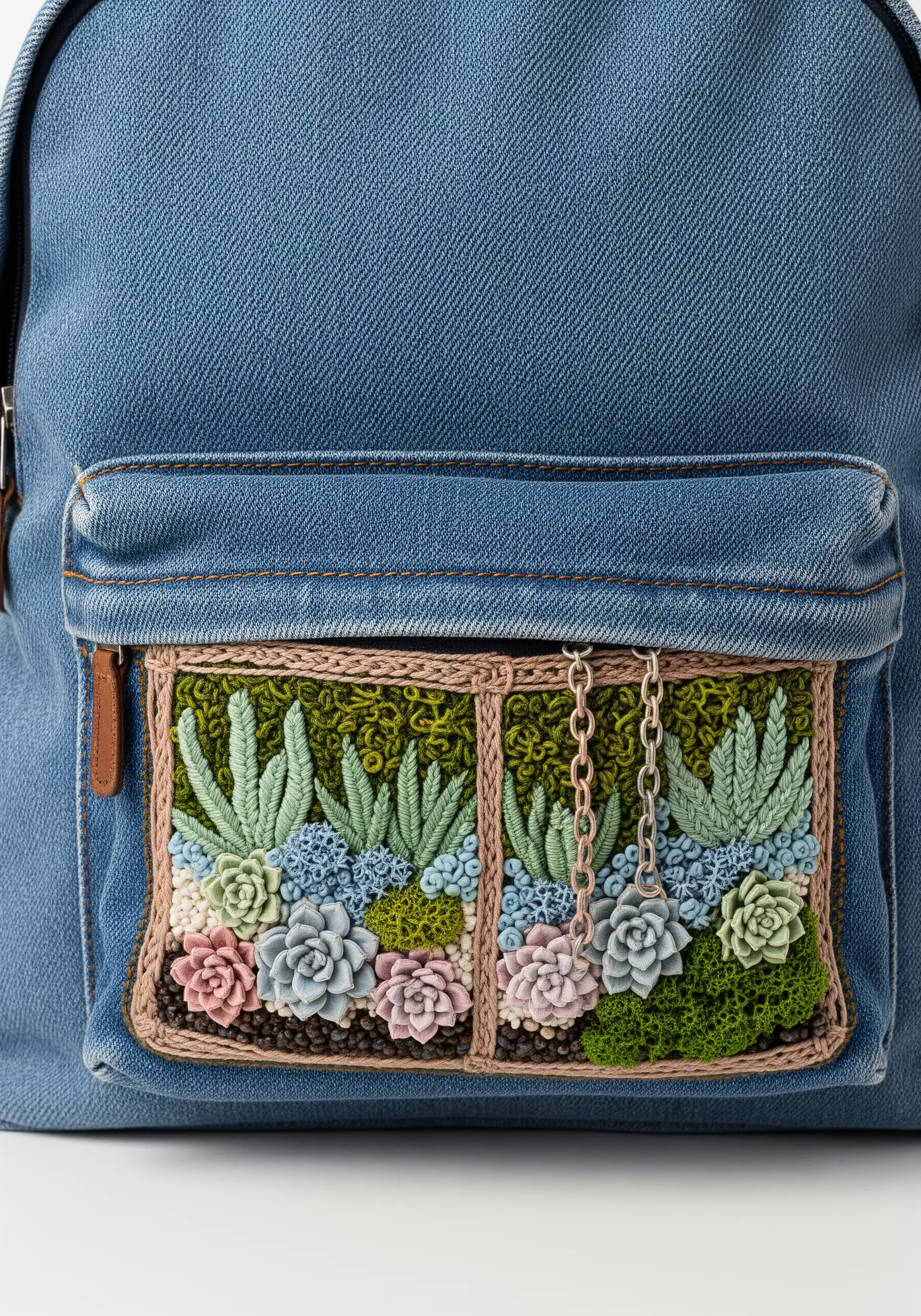 A three-dimensional embroidered succulent garden with various textures on a backpack pocket.