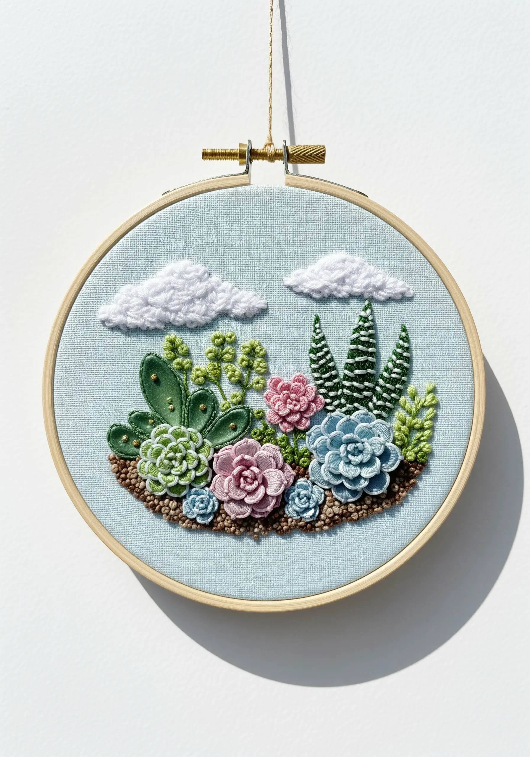 A 3D embroidered succulent garden with various textural stitches in a hoop