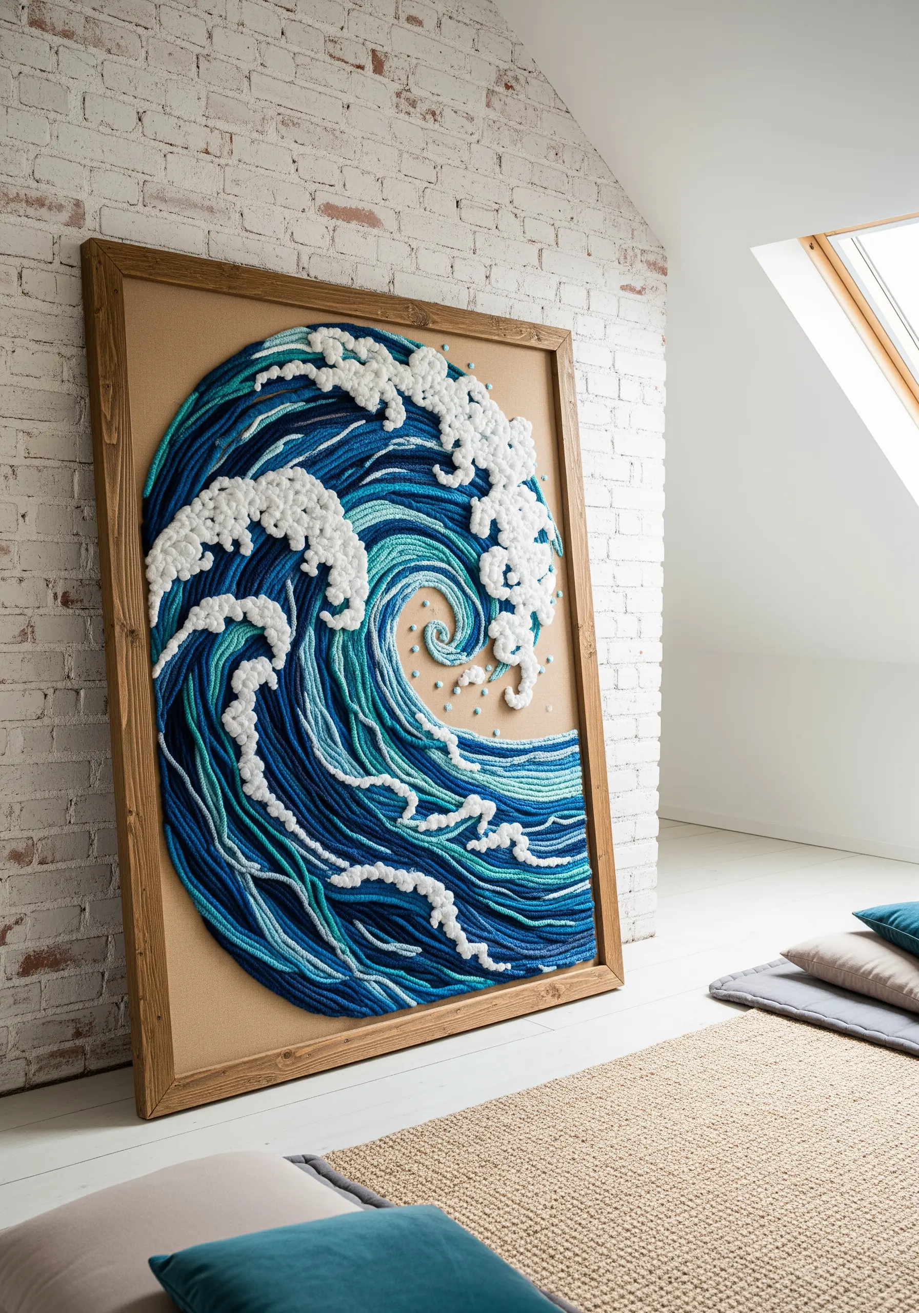 A large framed artwork depicting a crashing wave made from textured blue and white yarn.