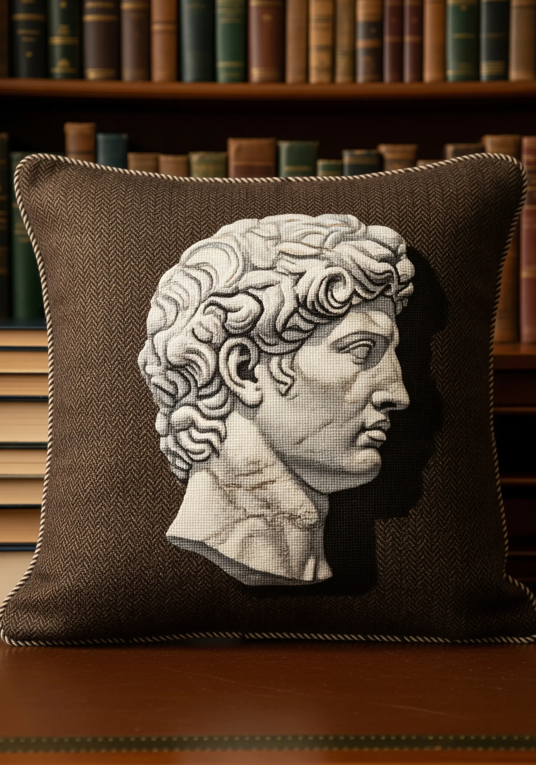 A classical Roman bust embroidered in shades of white and grey to create a 3D effect.