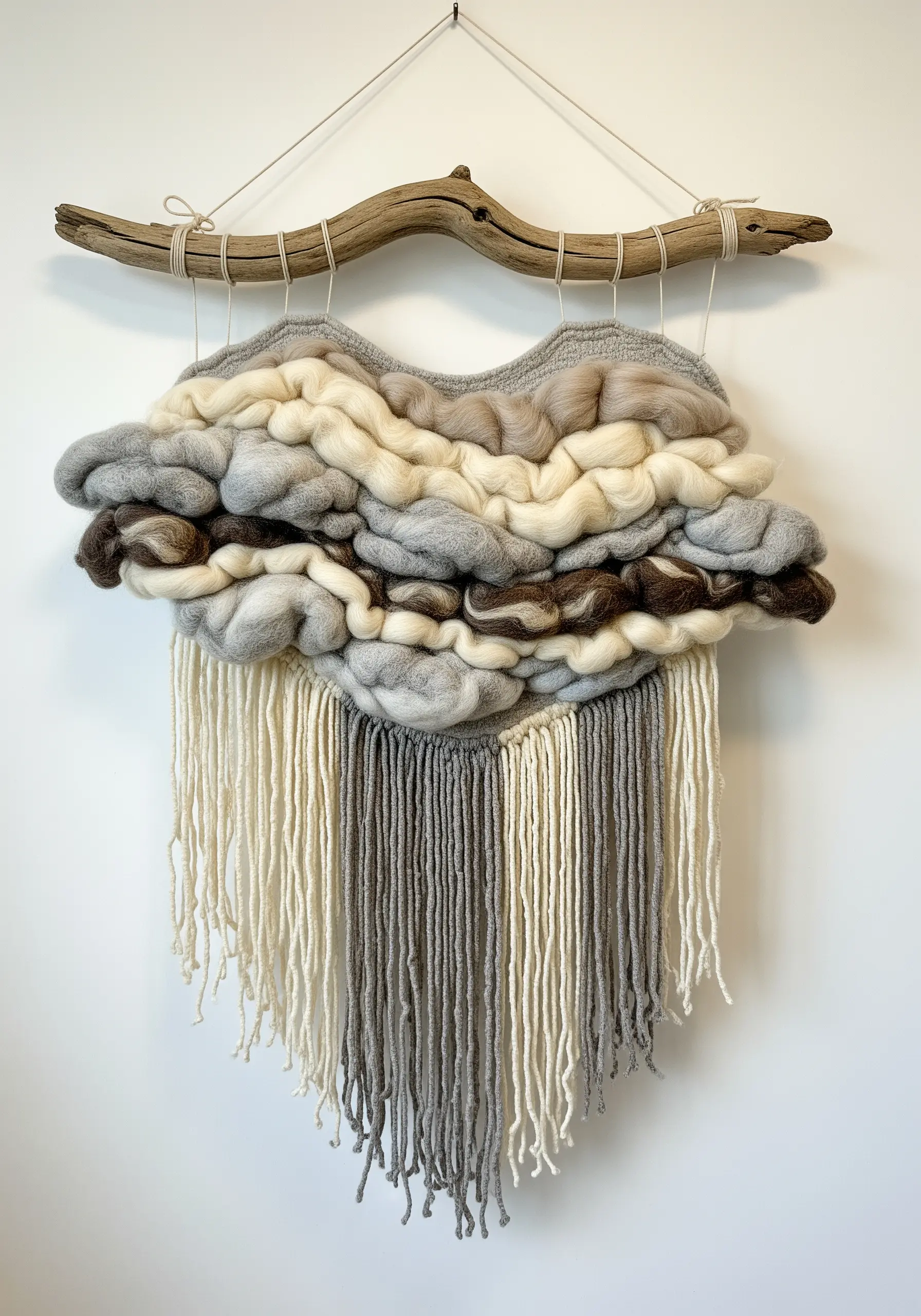 A woven wall hanging with sculptural, cloud-like forms made from gray, white, and brown wool roving