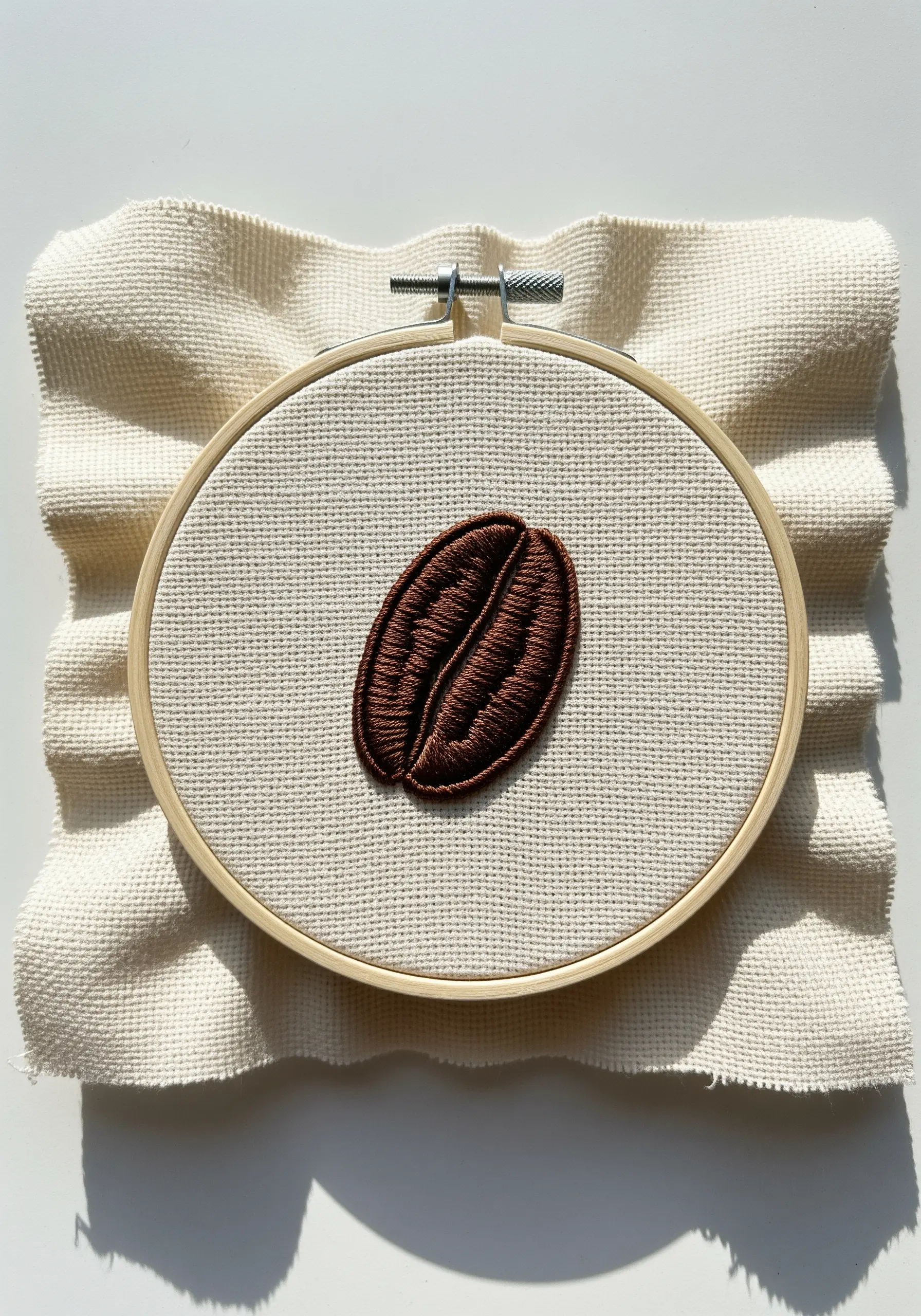 A single coffee bean embroidered with directional brown satin stitch to create a 3D effect.