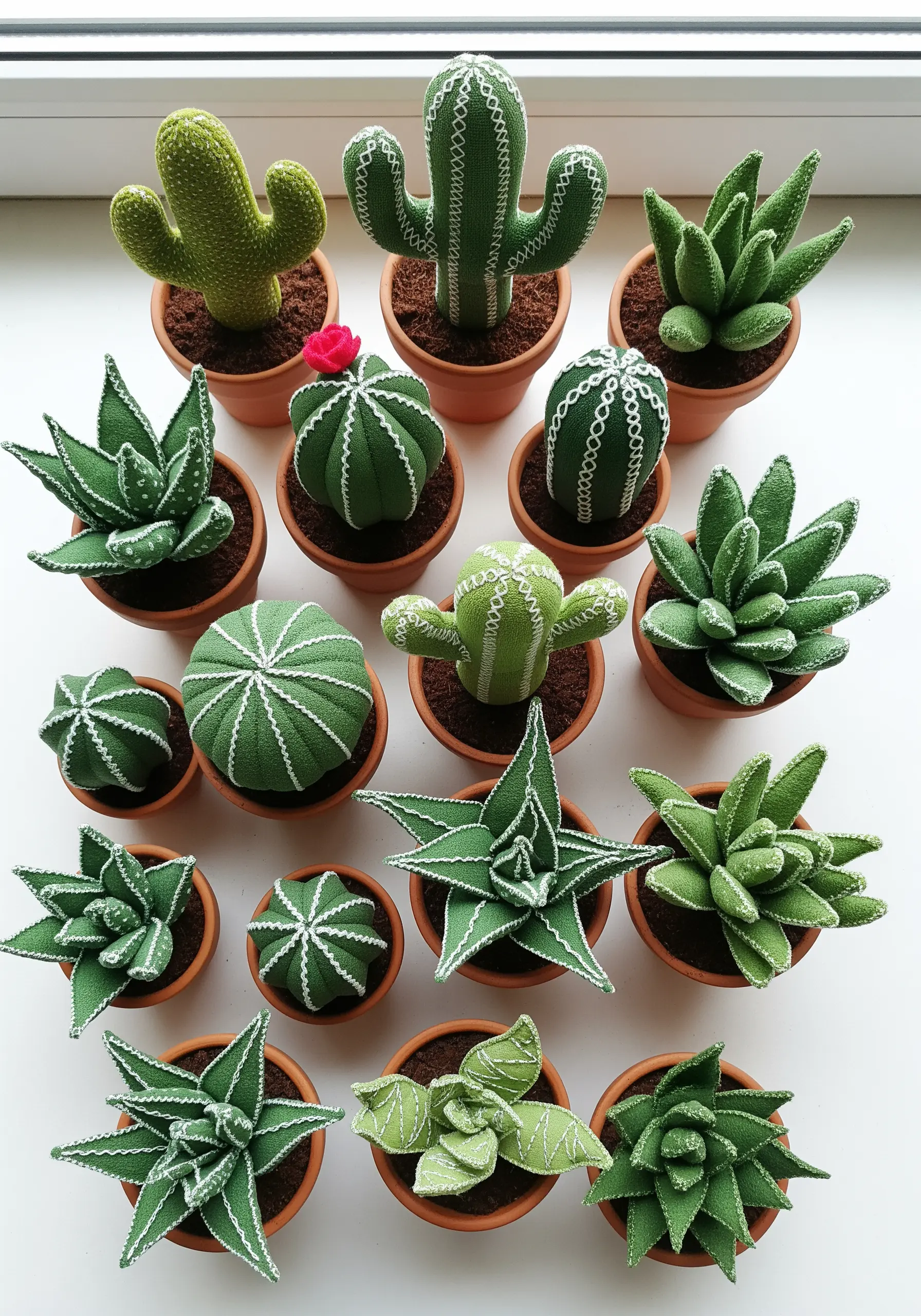 A collection of small, potted cacti and succulents made from green fabric and white embroidery.