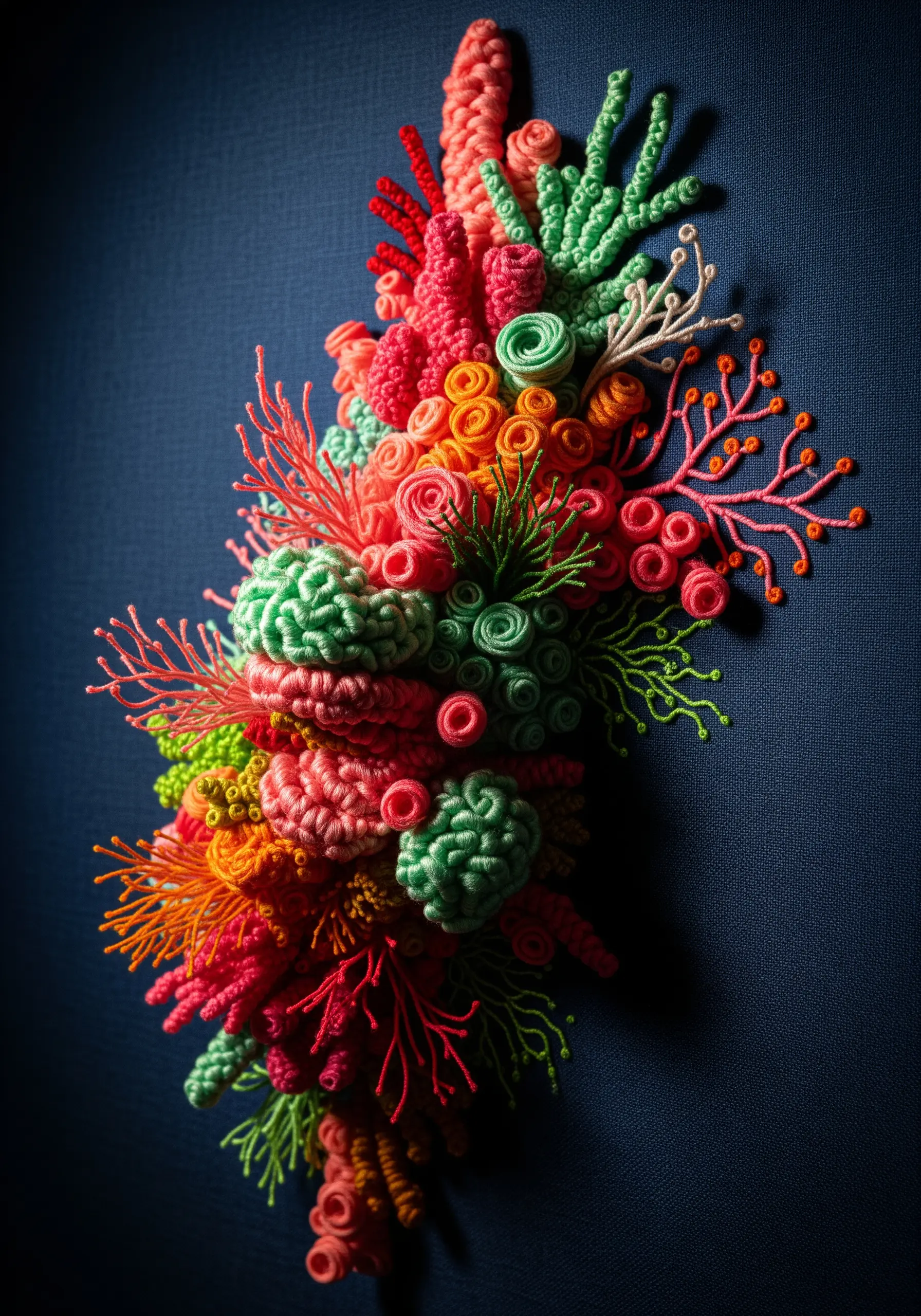 A vibrant 3D embroidered coral reef using French knots and bullion stitches on dark blue fabric.