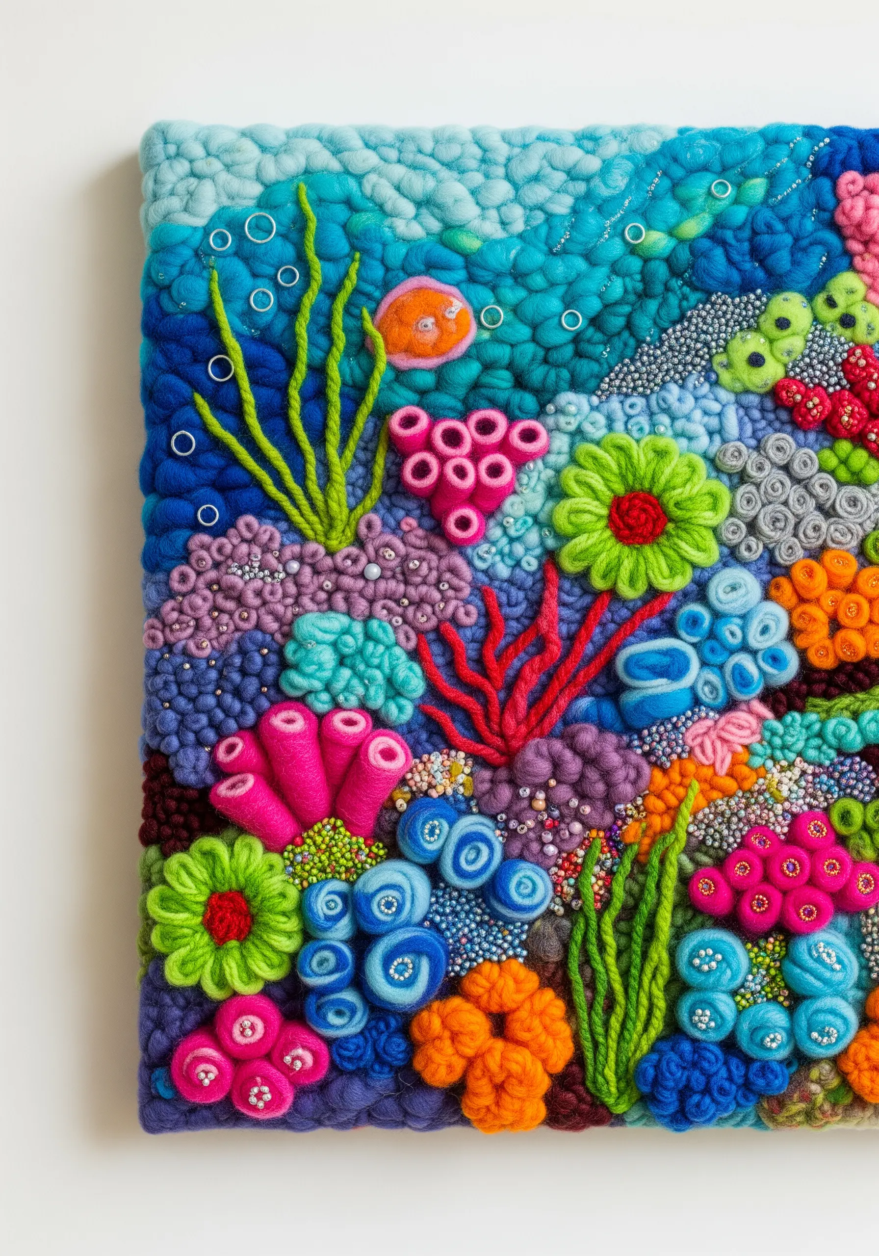 A vibrant, multi-textured fiber art piece depicting a colorful coral reef.