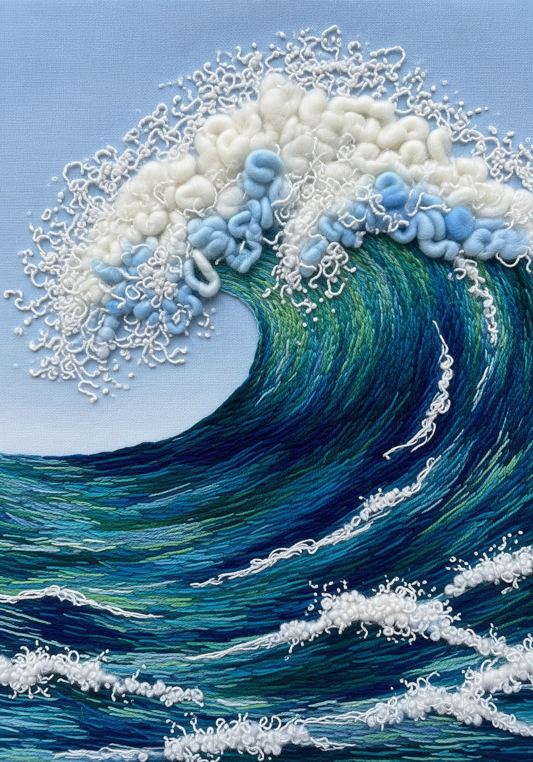 Embroidered ocean wave with turkey work and wool roving for sea foam.