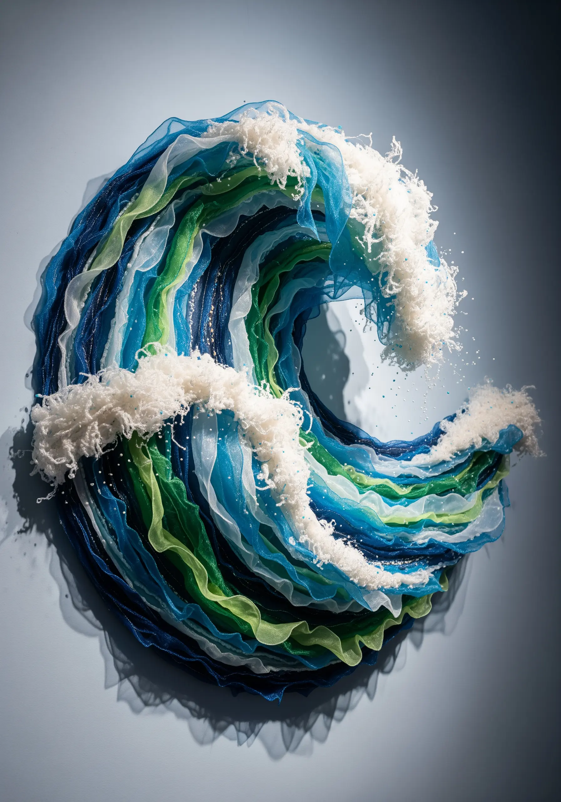 A three-dimensional ocean wave sculpted from layered blue and green sheer fabric.