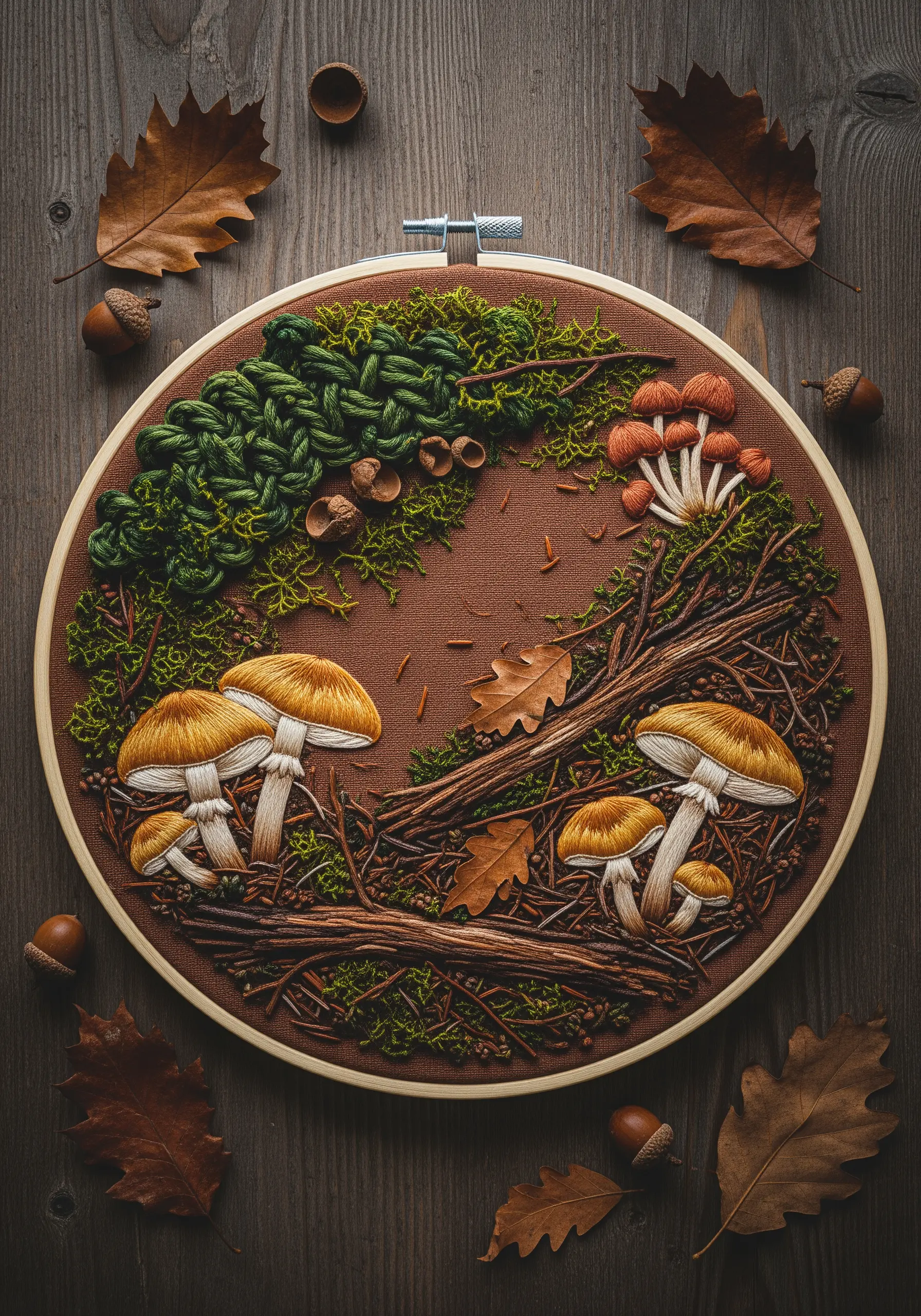 Highly detailed hoop art with 3D embroidered mushrooms, moss, and twigs on brown fabric.
