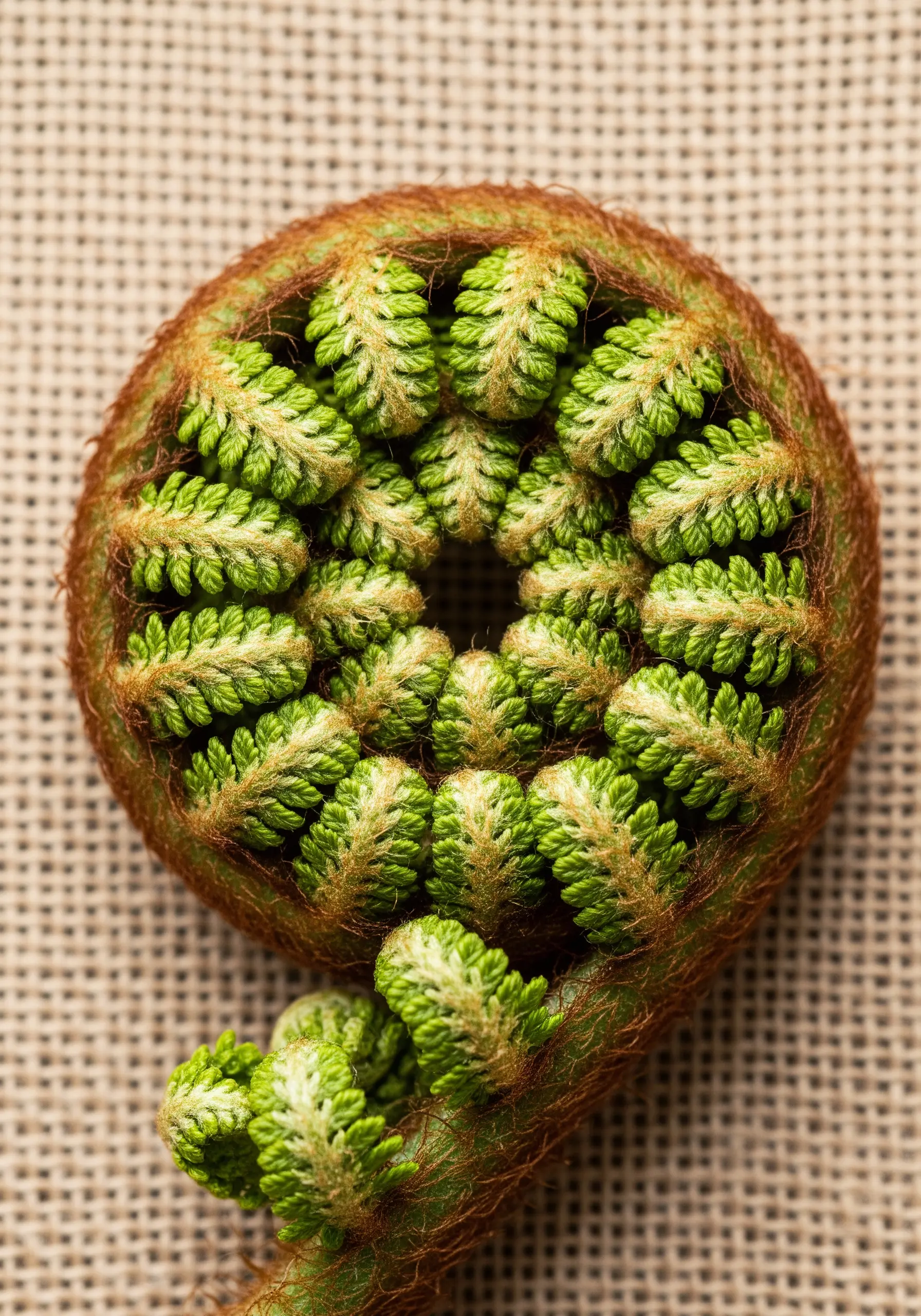 A sculptural, coiled fiddlehead fern created with fuzzy, 3D embroidery stitches.