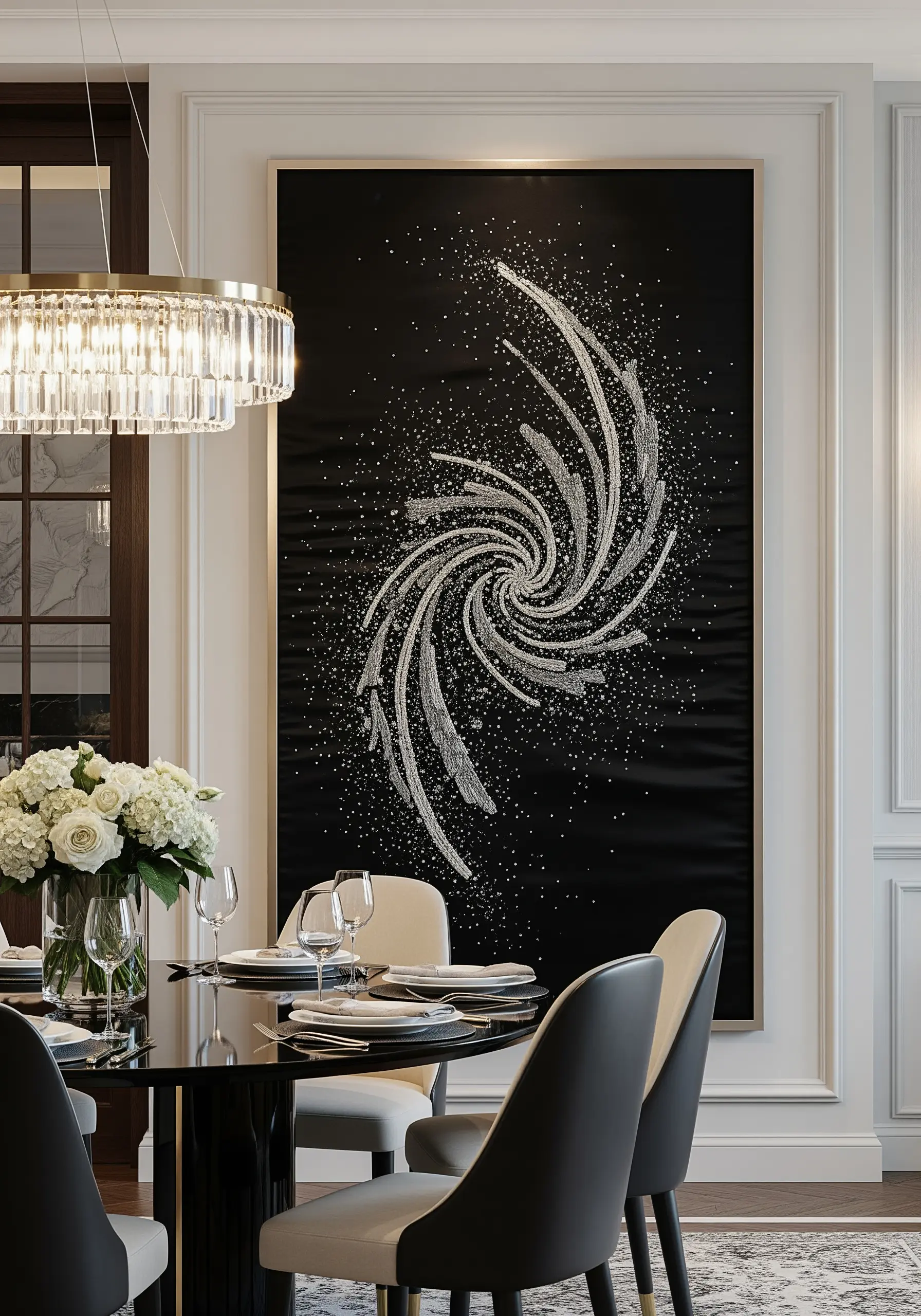 Large abstract embroidery of a swirling galaxy using silver metallic thread and beads.