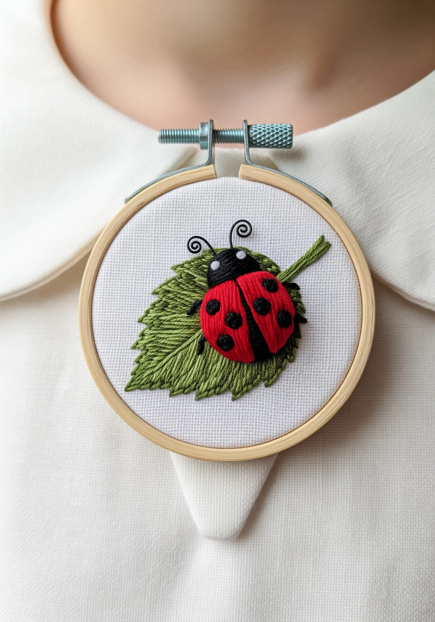 A dimensional embroidered ladybug with padded satin stitch sitting on a green leaf.