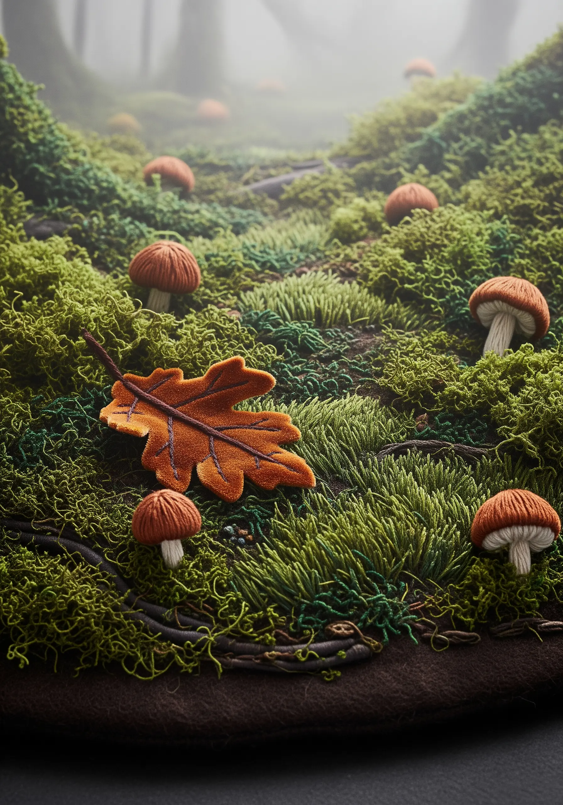 A 3D embroidered landscape of a mossy forest floor with mushrooms and a leaf.