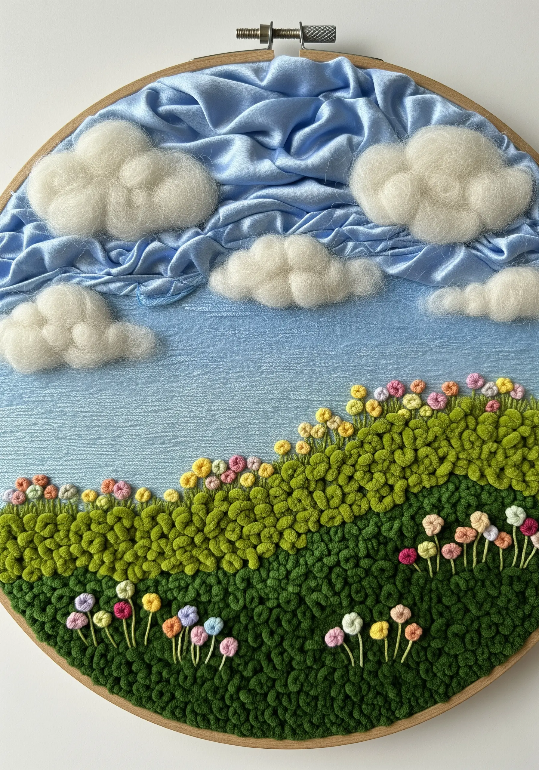 Embroidery hoop art of a field with a ruched satin sky and needle-felted clouds.