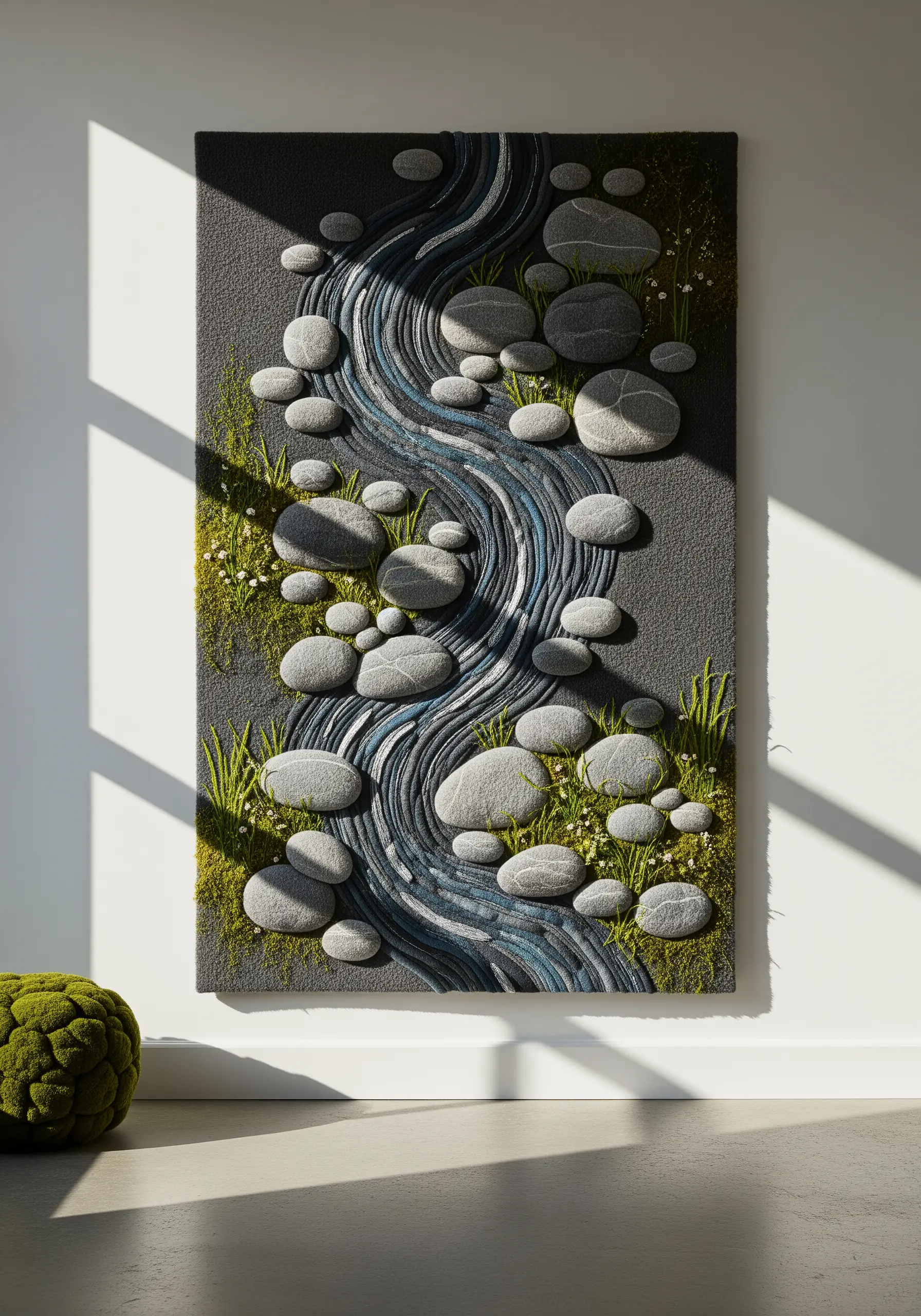 Large-scale fiber art wall hanging of a river with felted stones and yarn water.