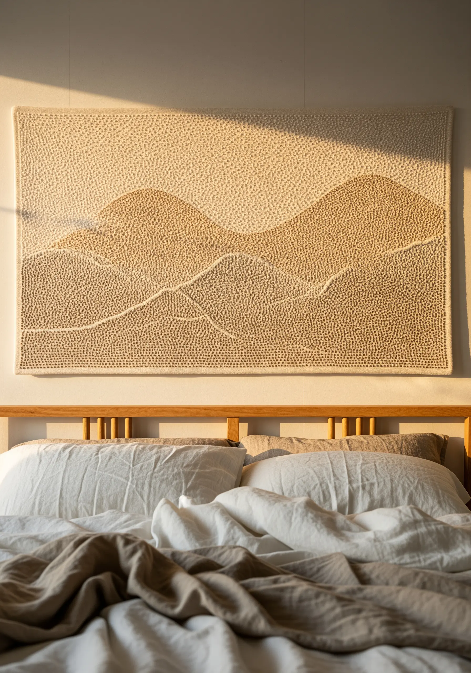 A punch needle wall hanging depicting rolling hills in beige and cream tones.