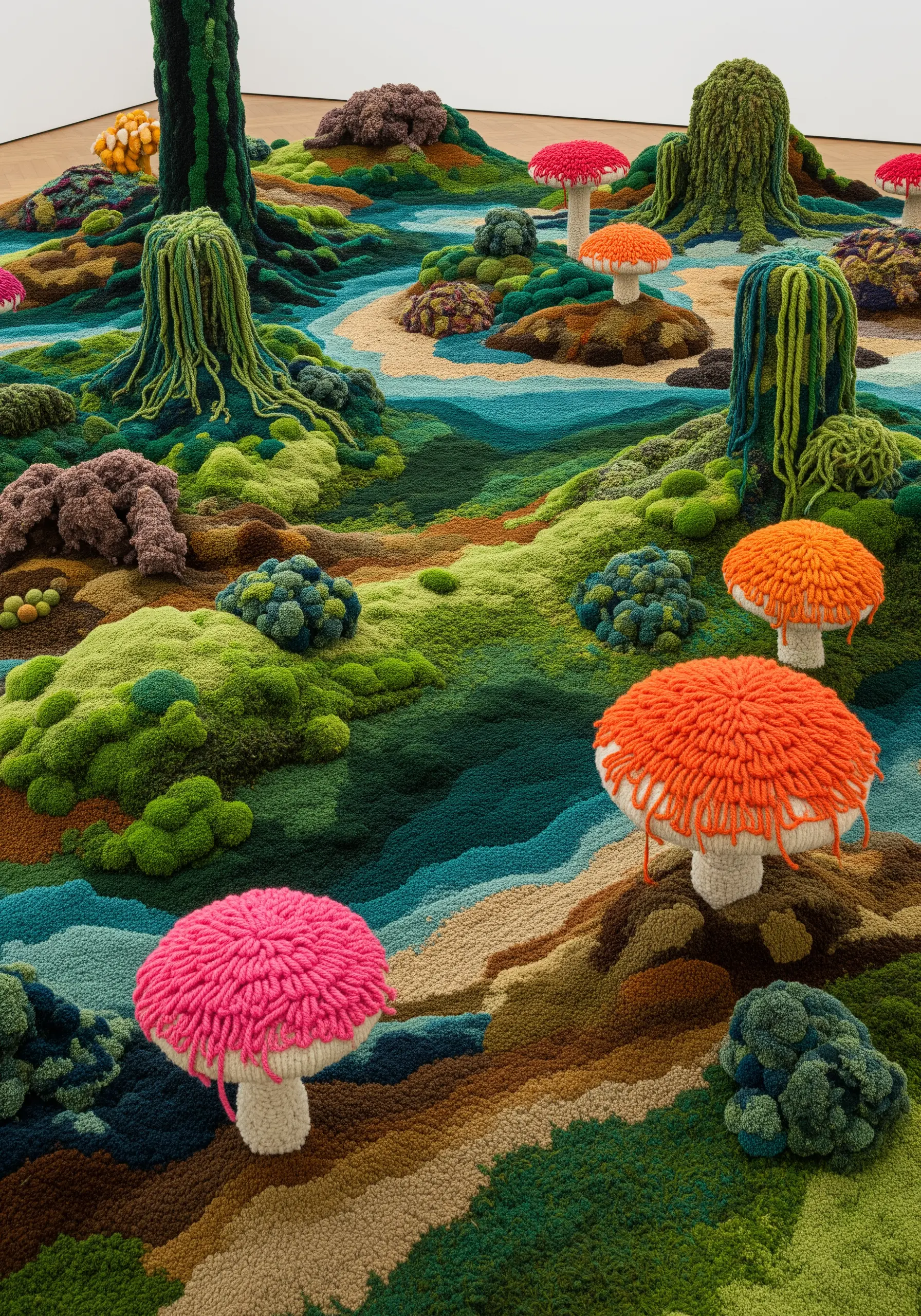 A large, tufted installation of a fantasy landscape with colorful mushrooms, moss, and rivers of yarn.