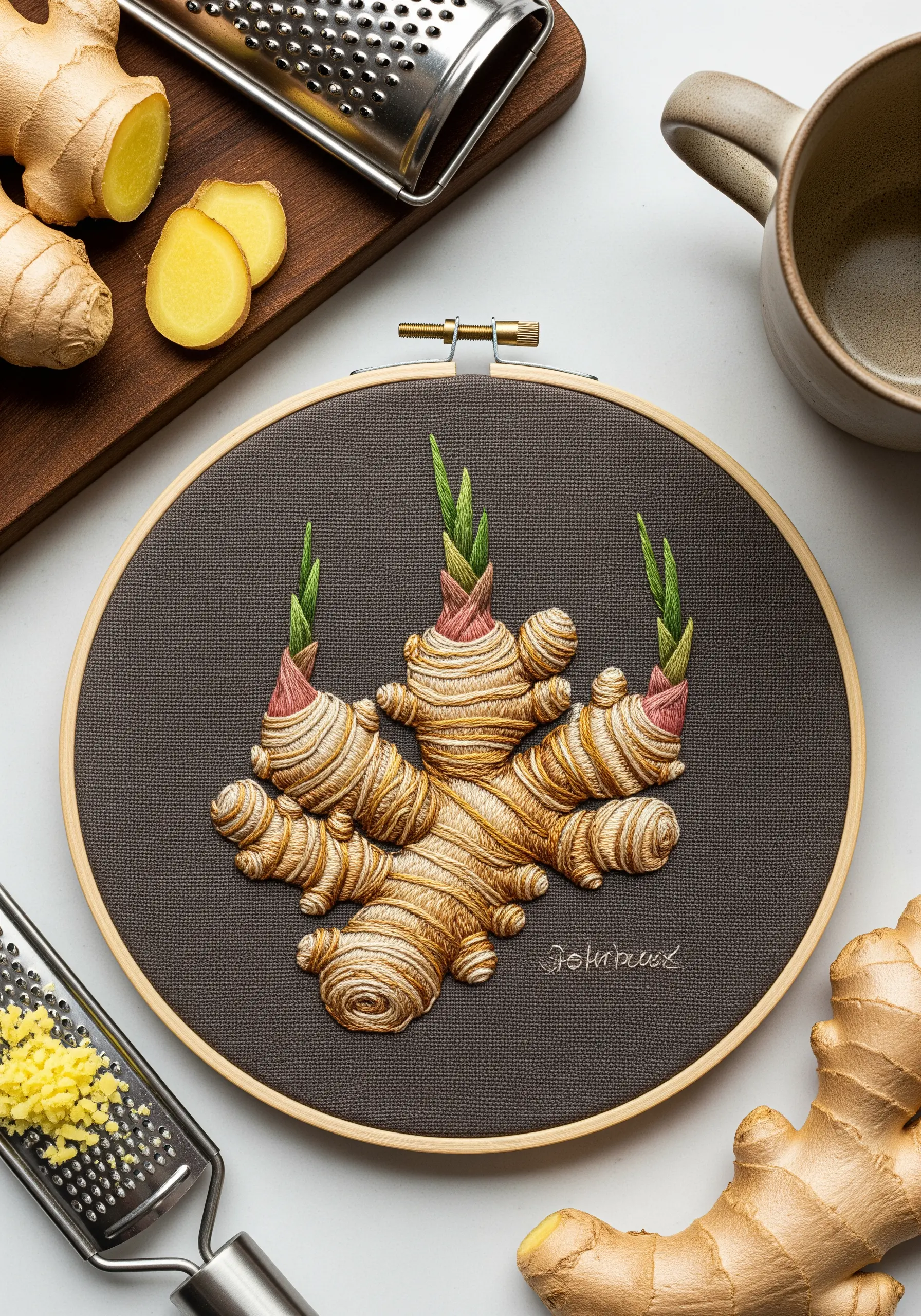 Highly realistic embroidery of a ginger root, with detailed shading and texture on dark fabric.
