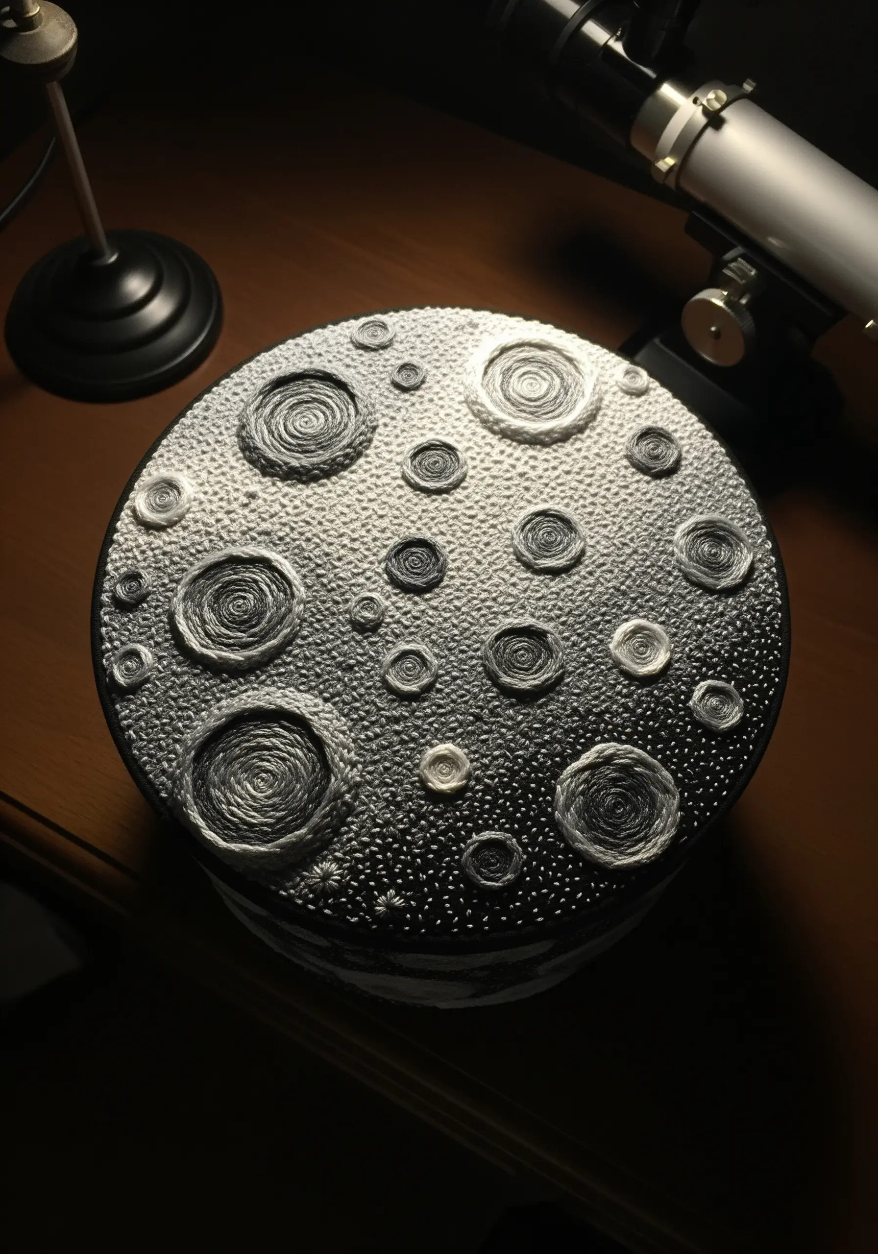 A round, textured embroidery of the moon's surface, with craters made from coiled thread and dense knots.