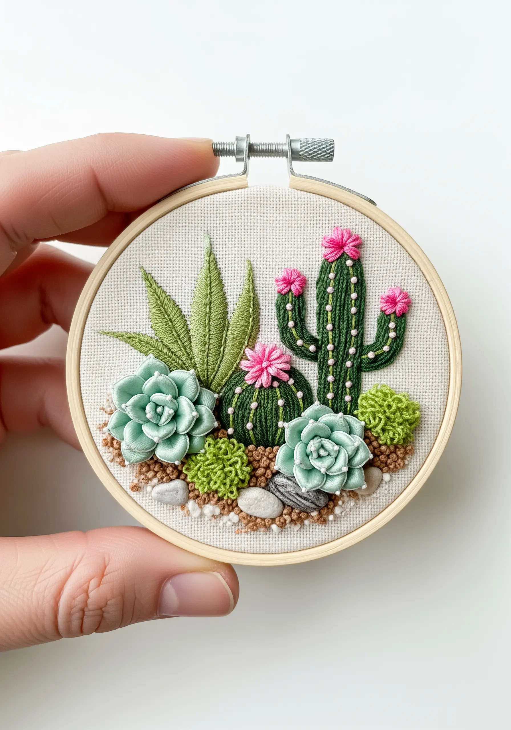 A mini embroidery hoop filled with 3D succulents and cacti made with dimensional stitches.