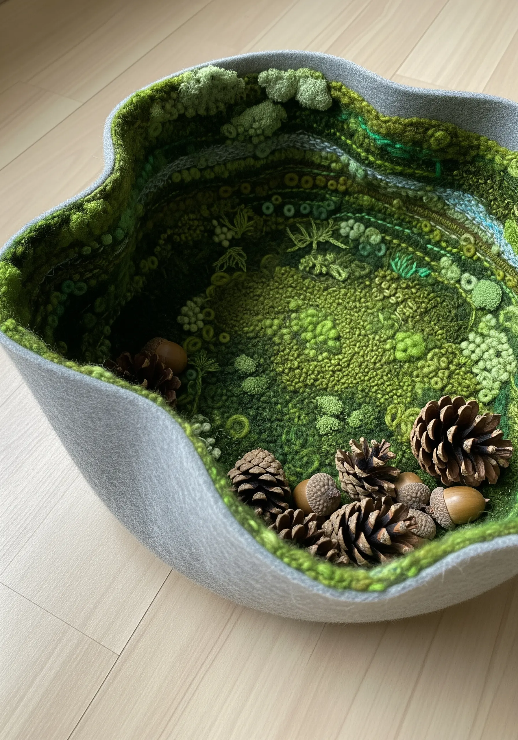 A sculptural felt bowl filled with dense, moss-like embroidery and real acorns.