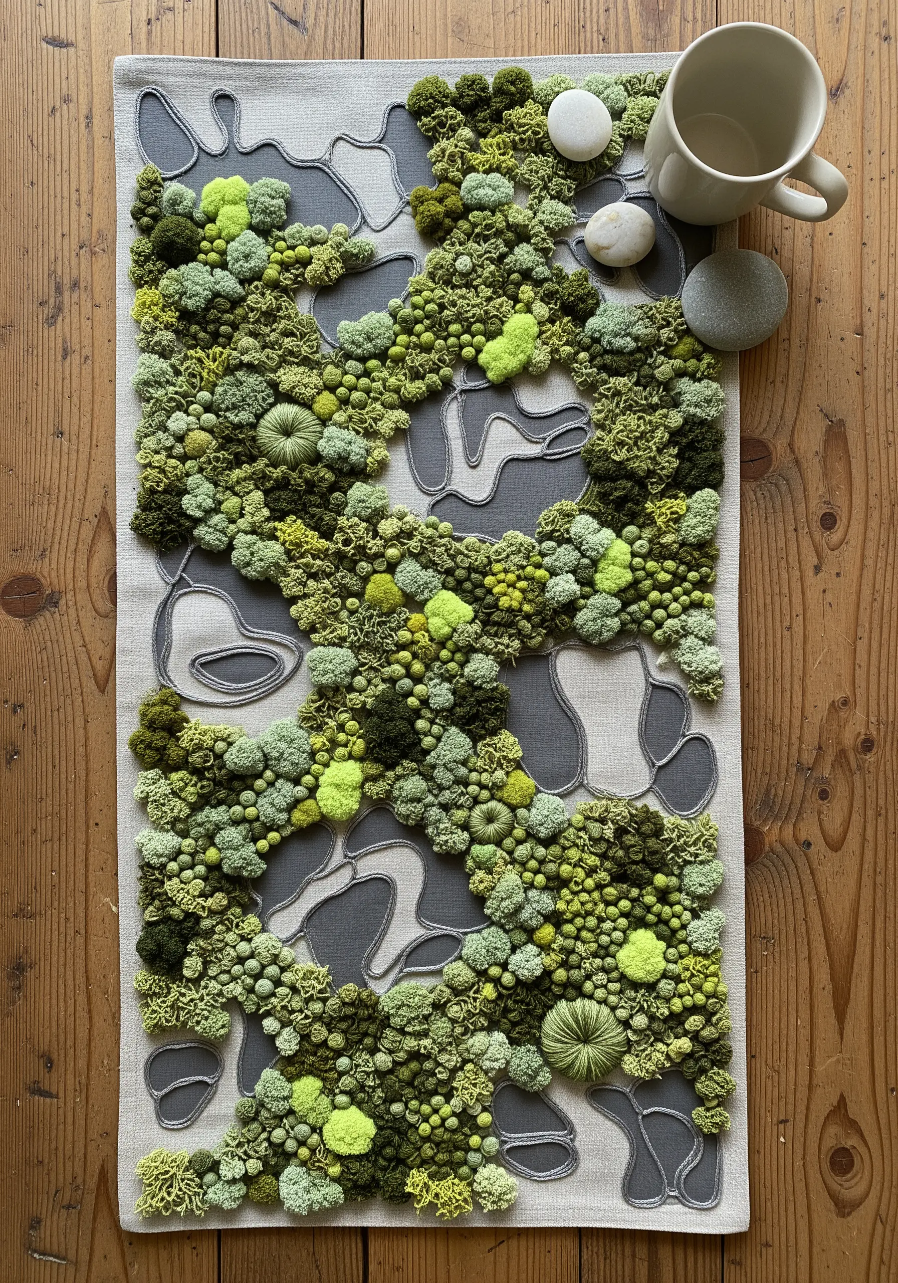 Highly textured table runner with 3D moss clusters made from French knots and various green fibers.