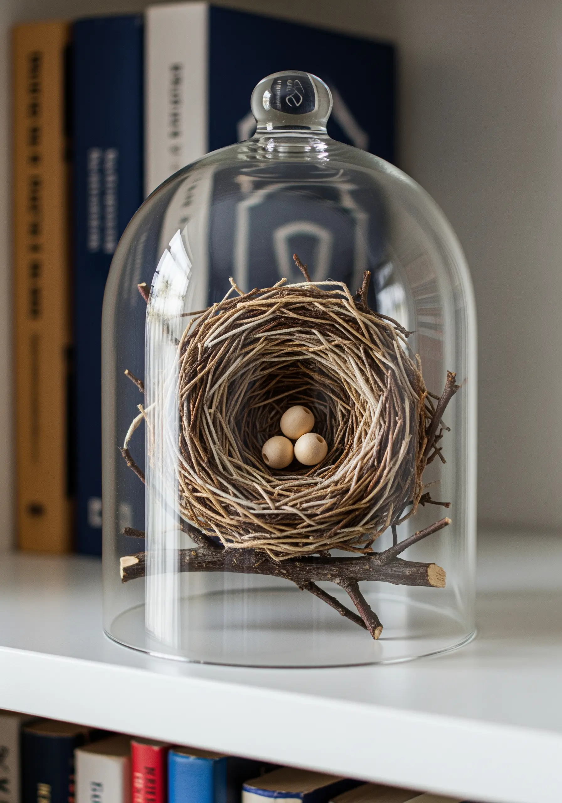 A realistic bird's nest made from twigs and fibers, displayed under a glass cloche.