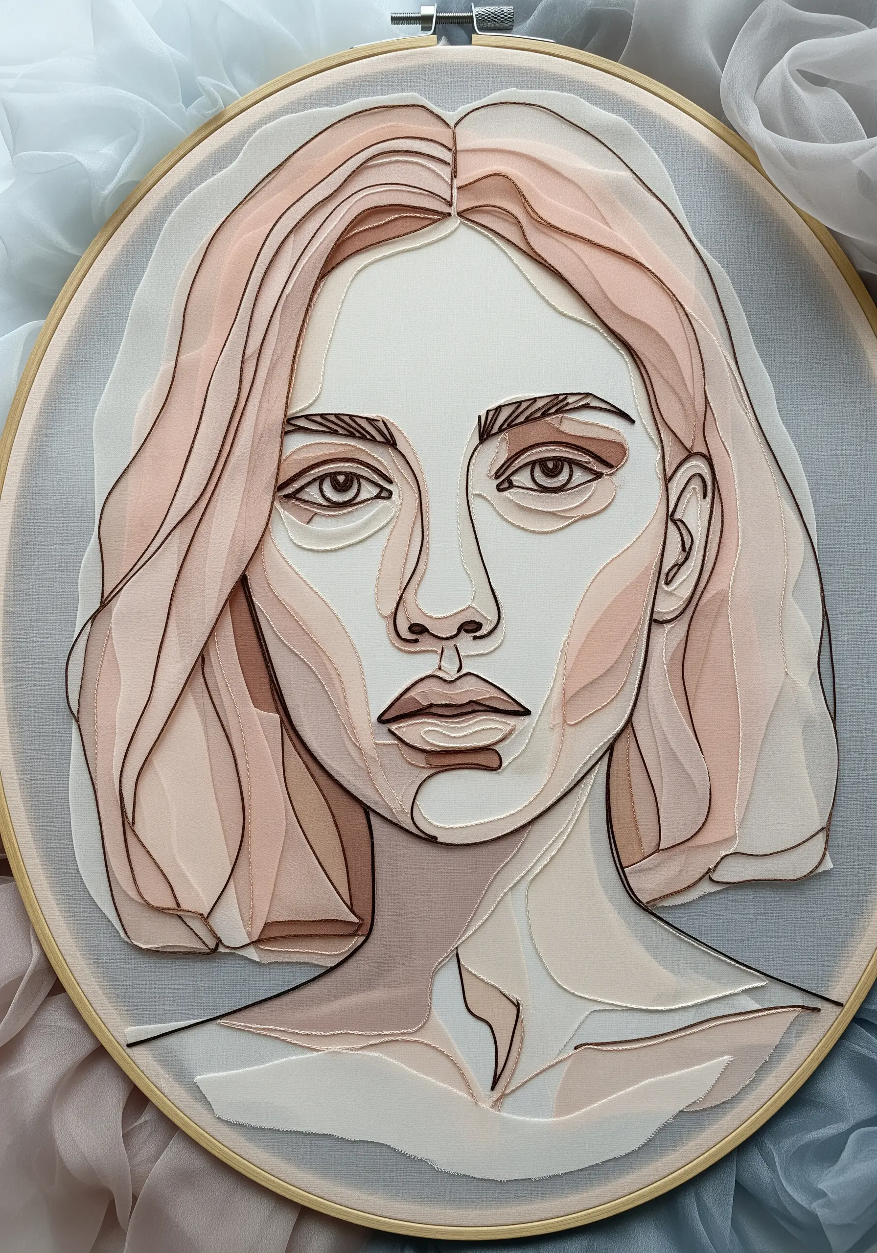 A portrait made from layered sheer fabric pieces, outlined with dark thread to define facial features.