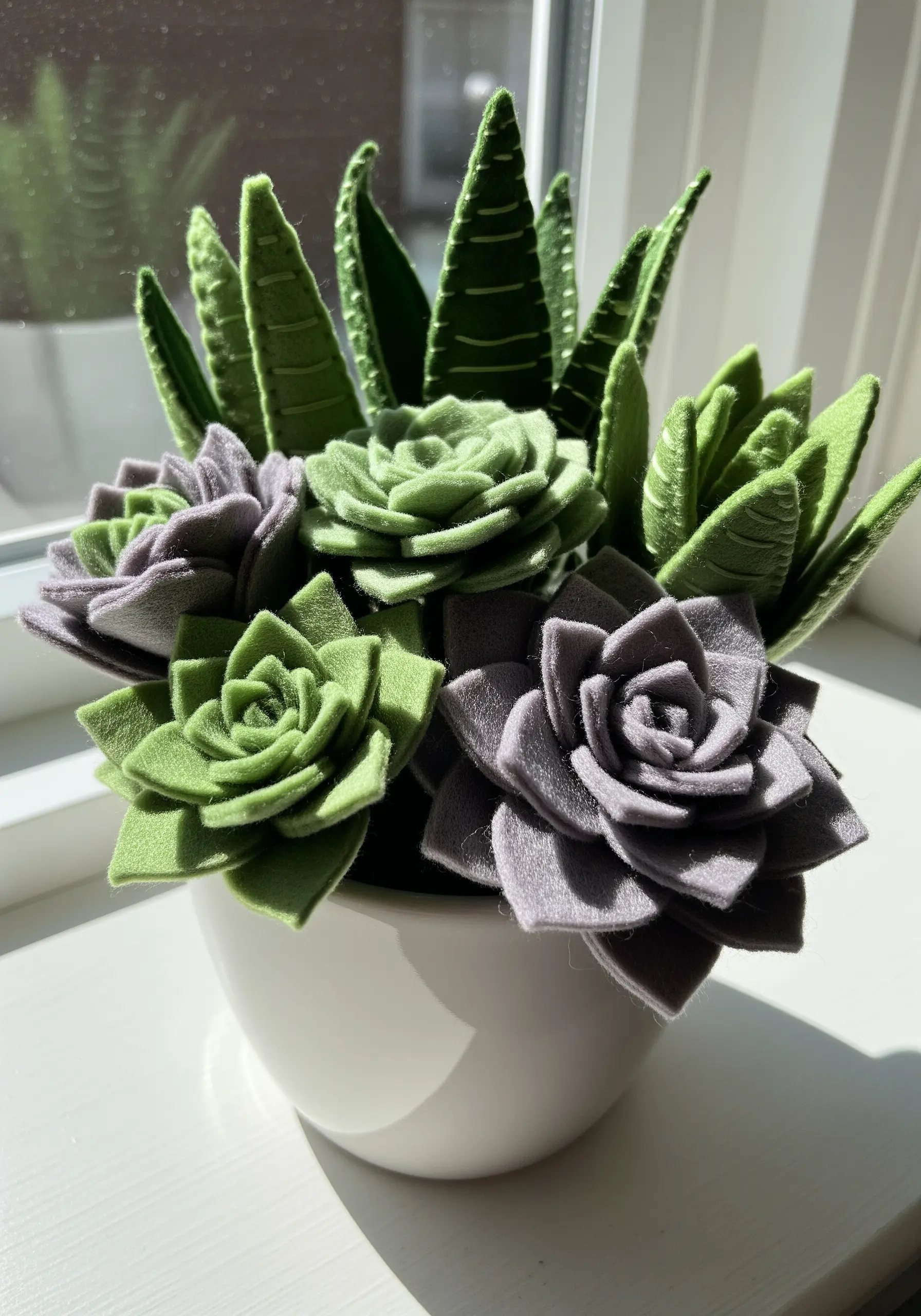 A small white pot filled with a variety of handmade felt succulents.