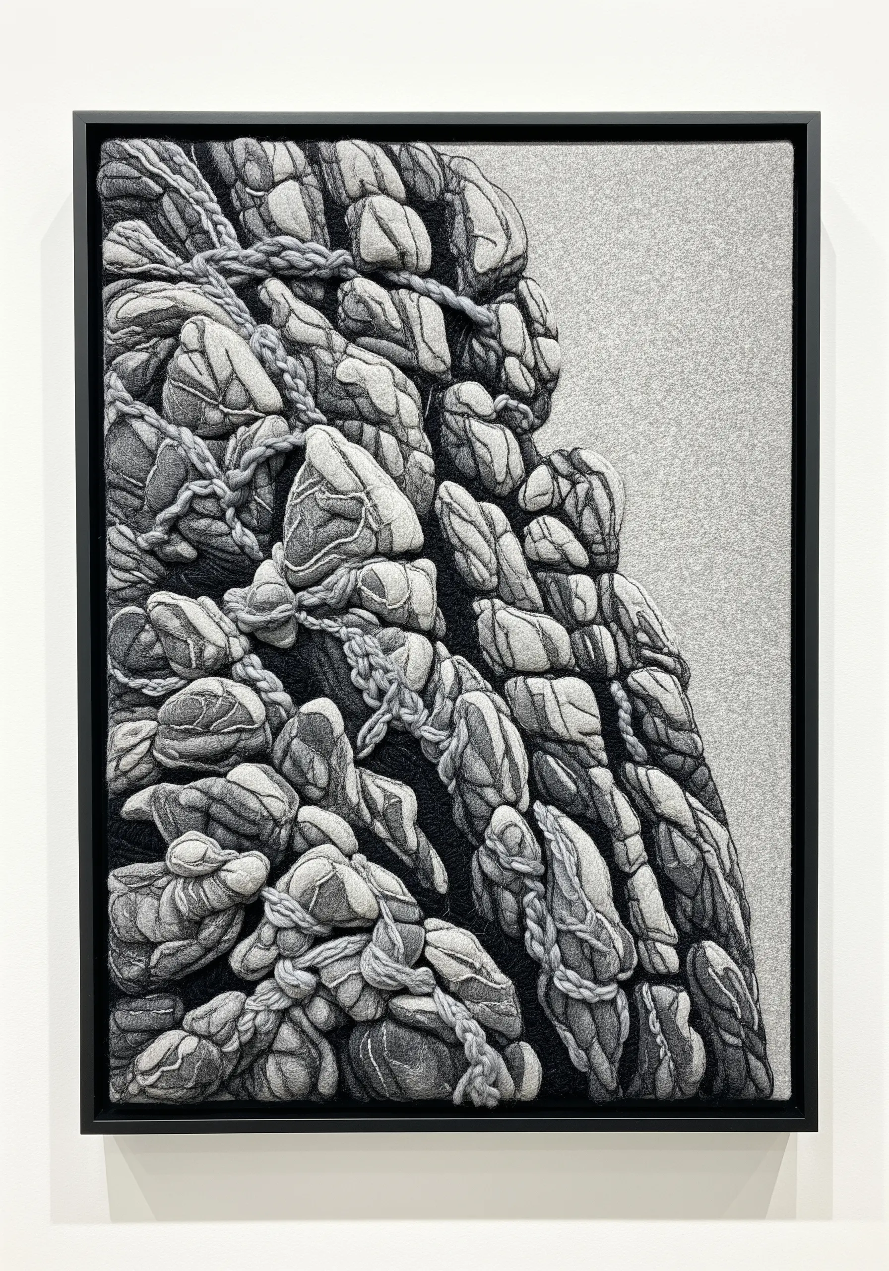 Framed embroidery art depicting a rocky cliff with raised, couched yarn textures.