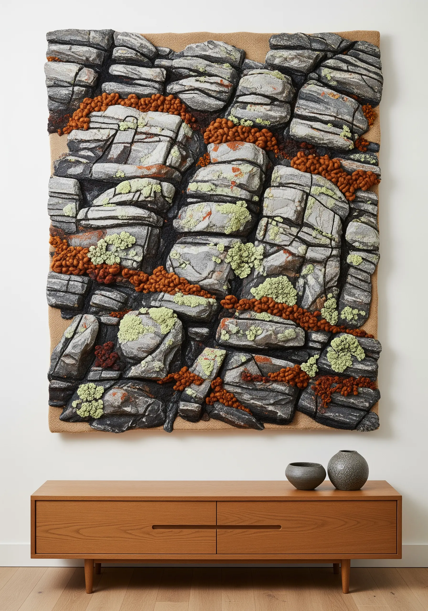A highly textured wall hanging of a rocky cliff with 3D rocks and moss.