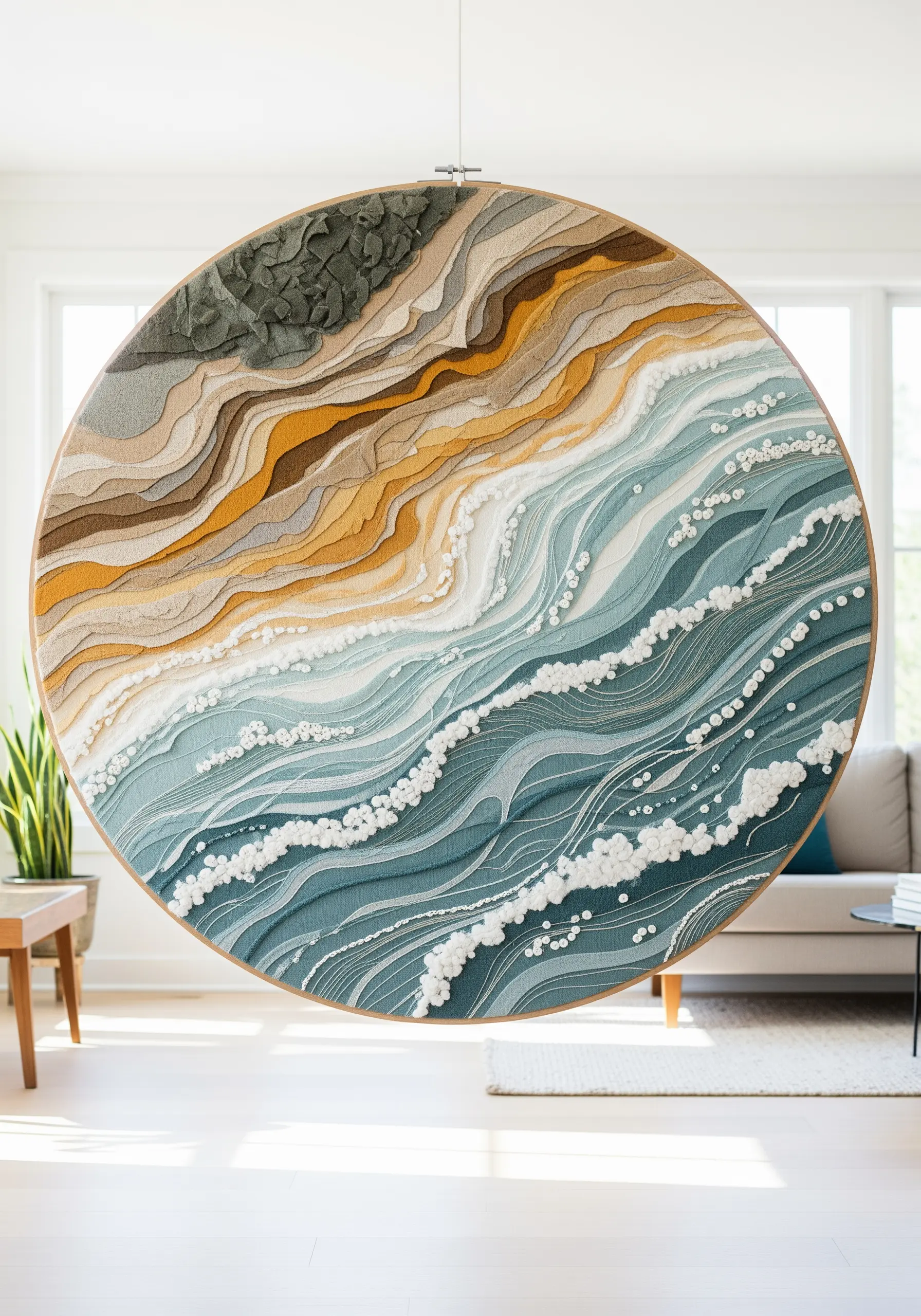 Large-scale hoop art depicting an abstract coastline with layered fabrics and threads.