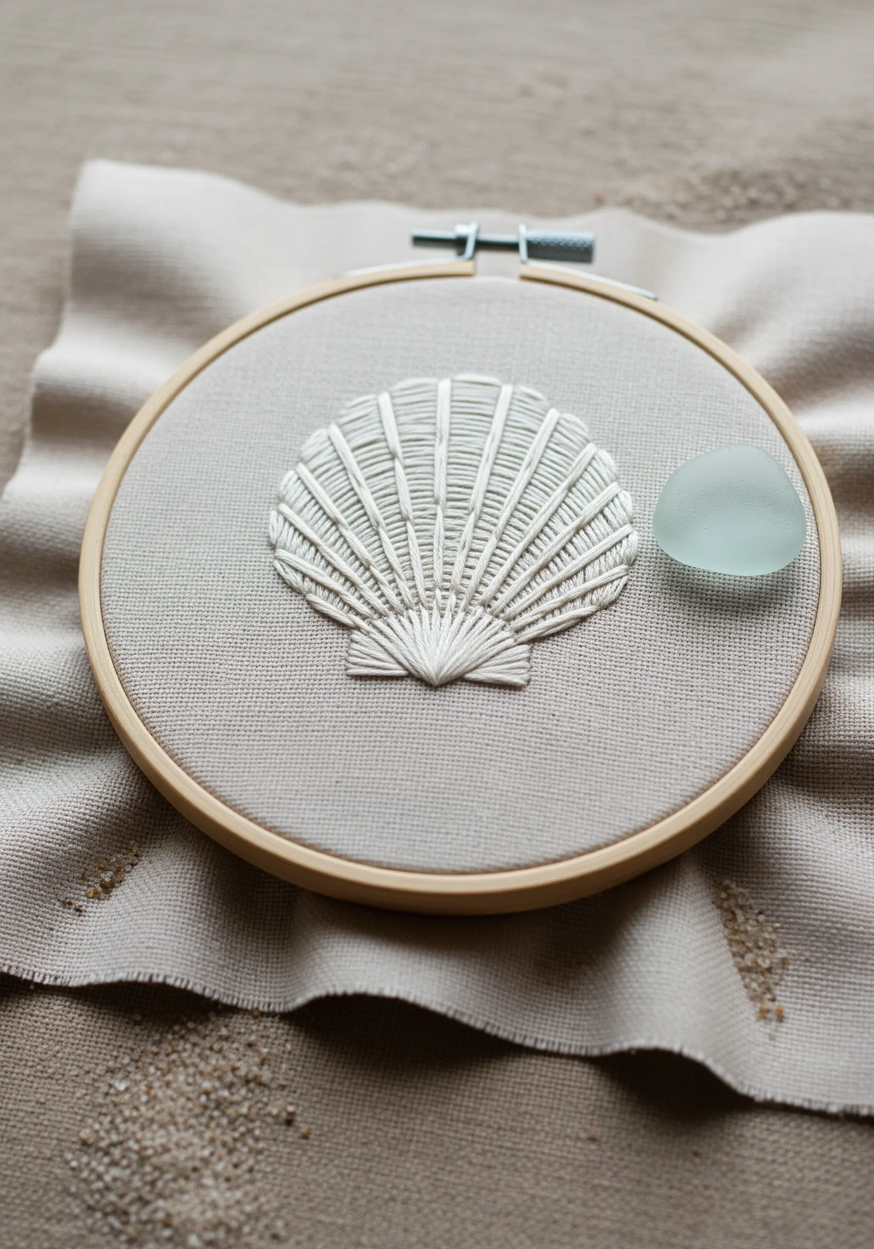 A white monochrome embroidered seashell with raised, textured ridges on linen.