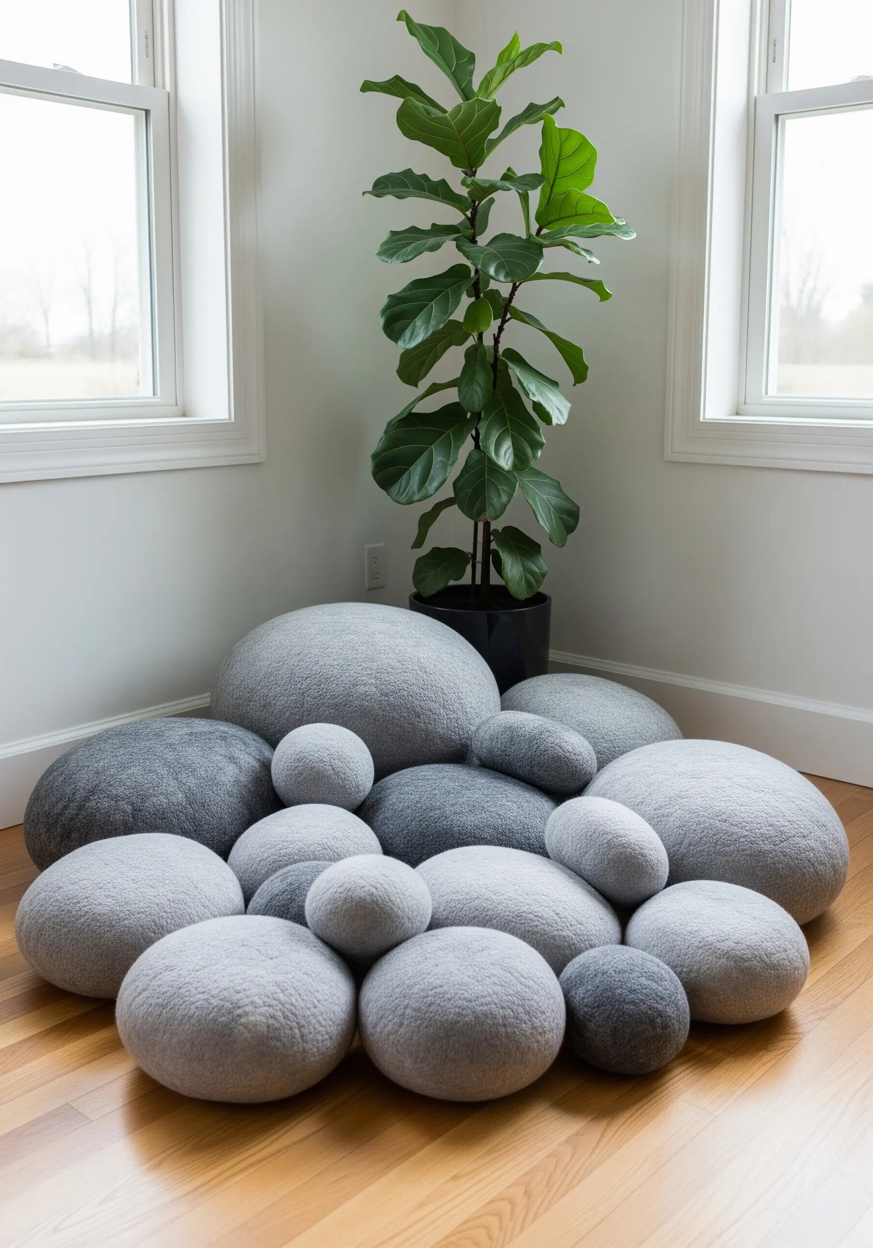 A cluster of grey felted floor cushions shaped like smooth river stones.