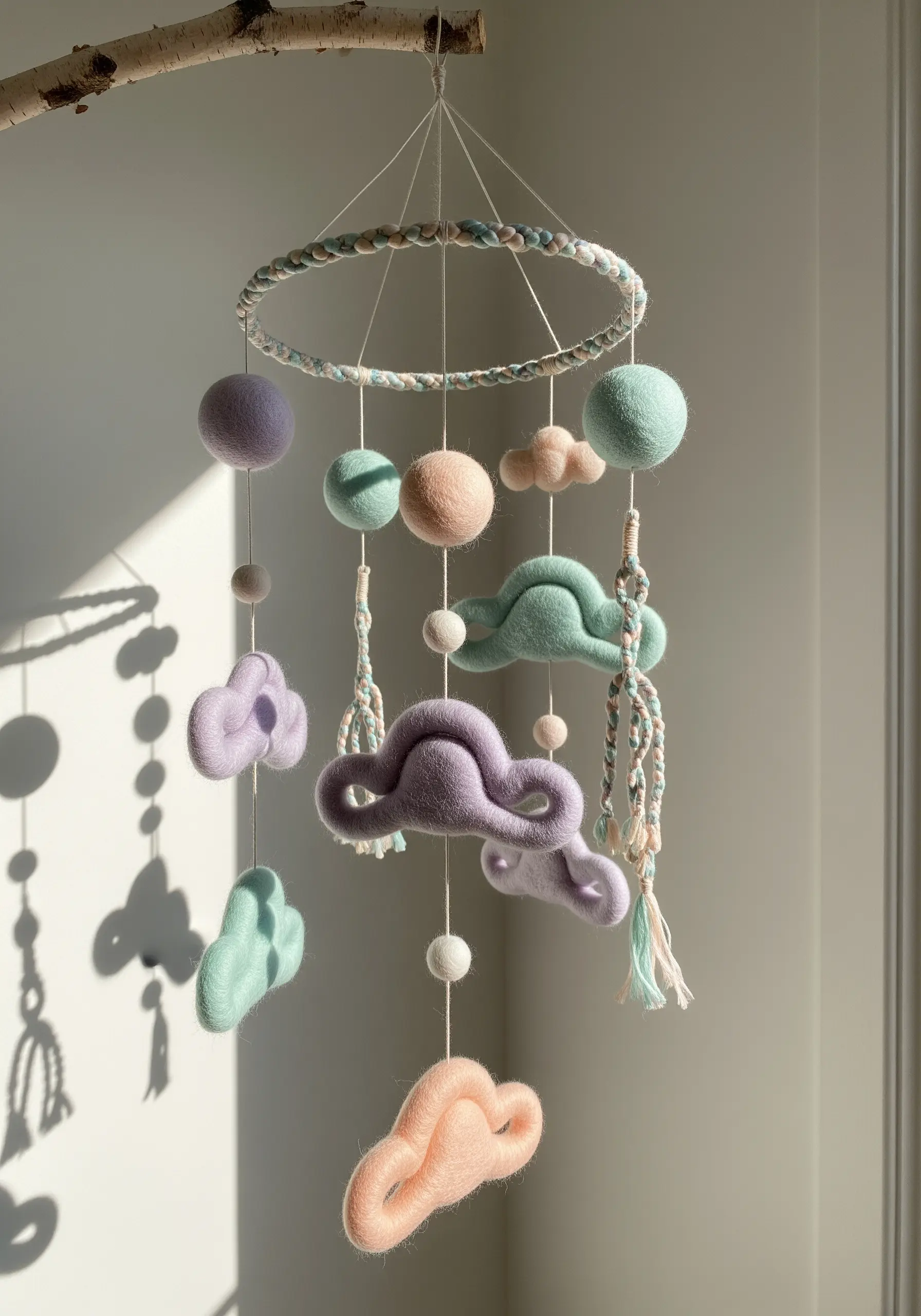 A nursery mobile made from pastel-colored felted wool clouds and spheres hanging from a hoop.