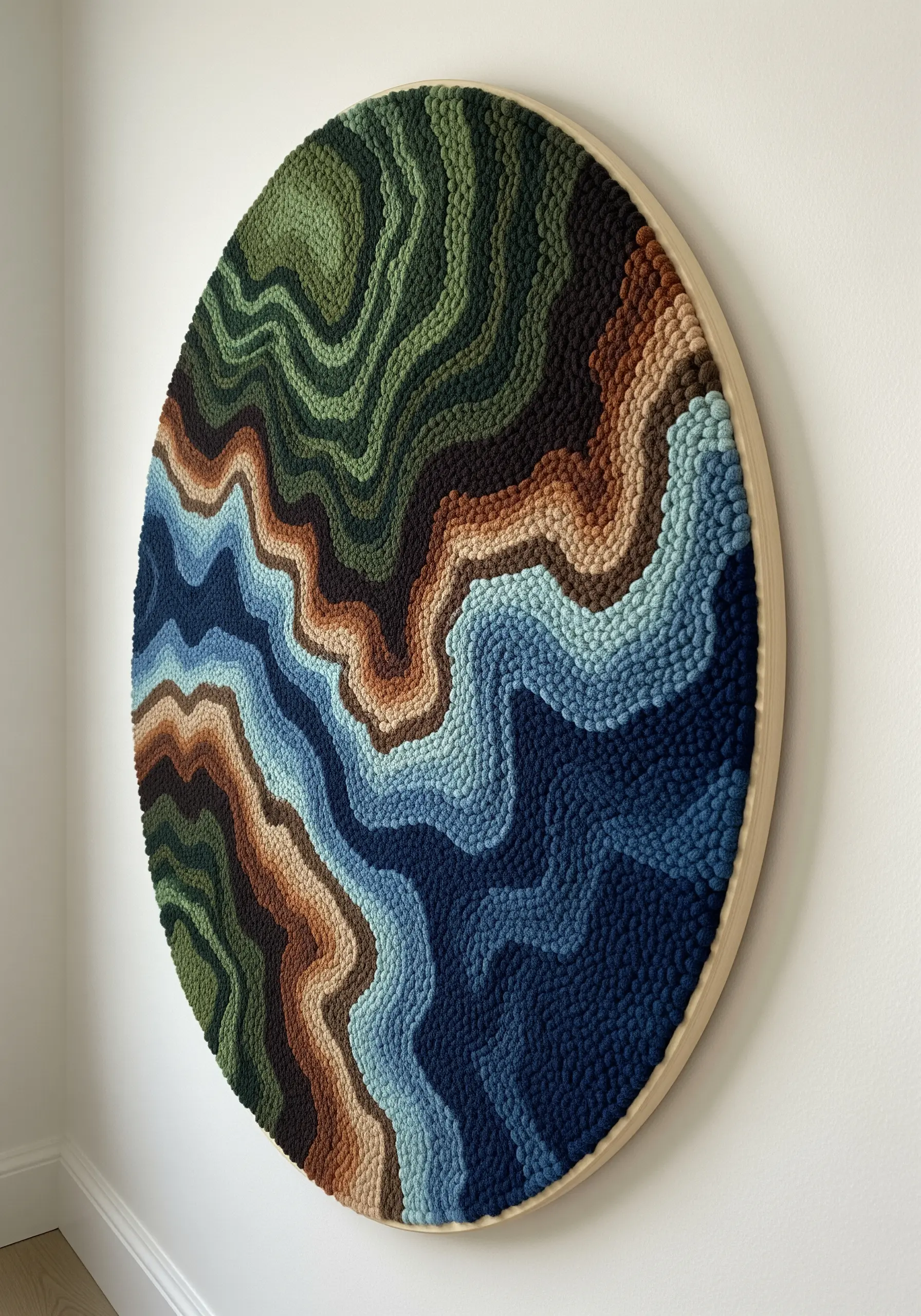 A circular punch needle artwork with contoured lines in earth tones, creating a 3D topographic effect.