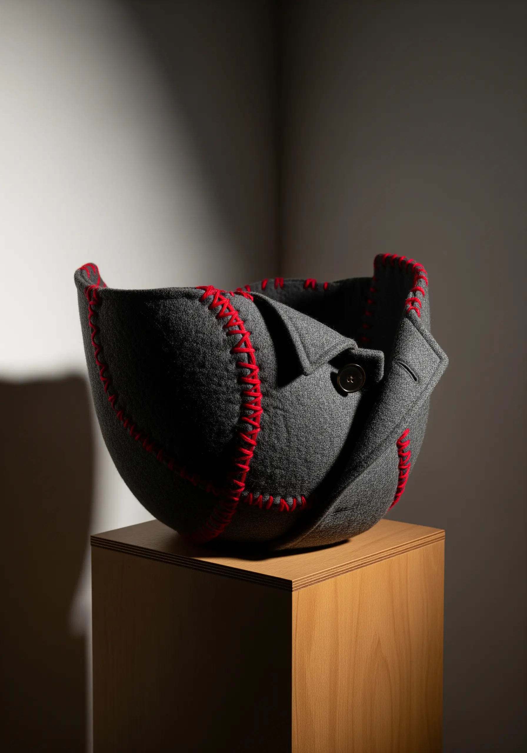 A sculptural gray bowl made from a felted sweater, stitched with thick red thread.