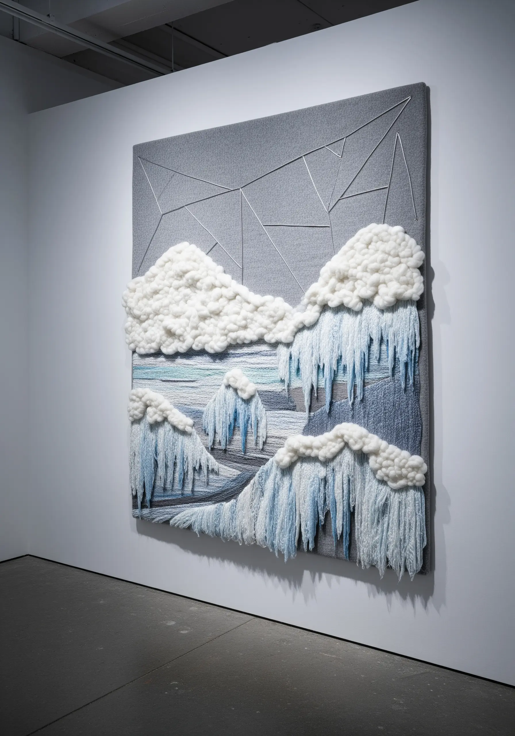 A textural abstract wall art piece depicting a snowy, icy landscape using chunky yarn and fringe.