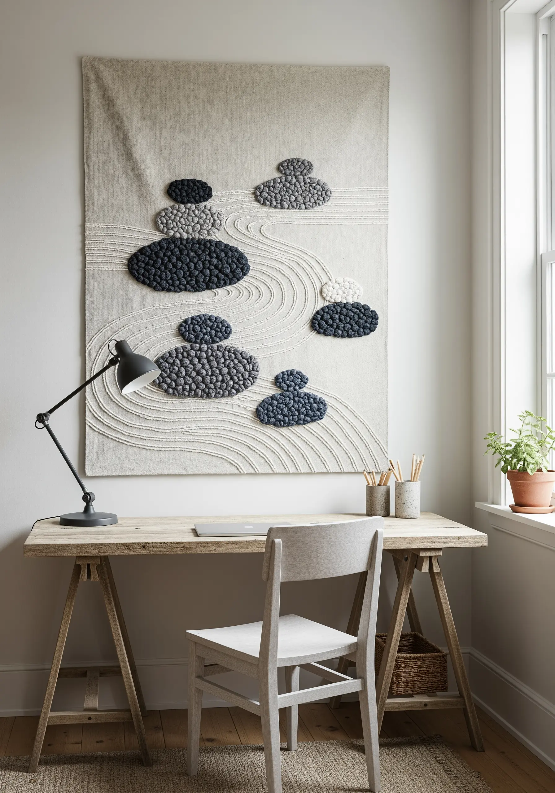 A large textile wall hanging with textured 'pebbles' made of French knots.