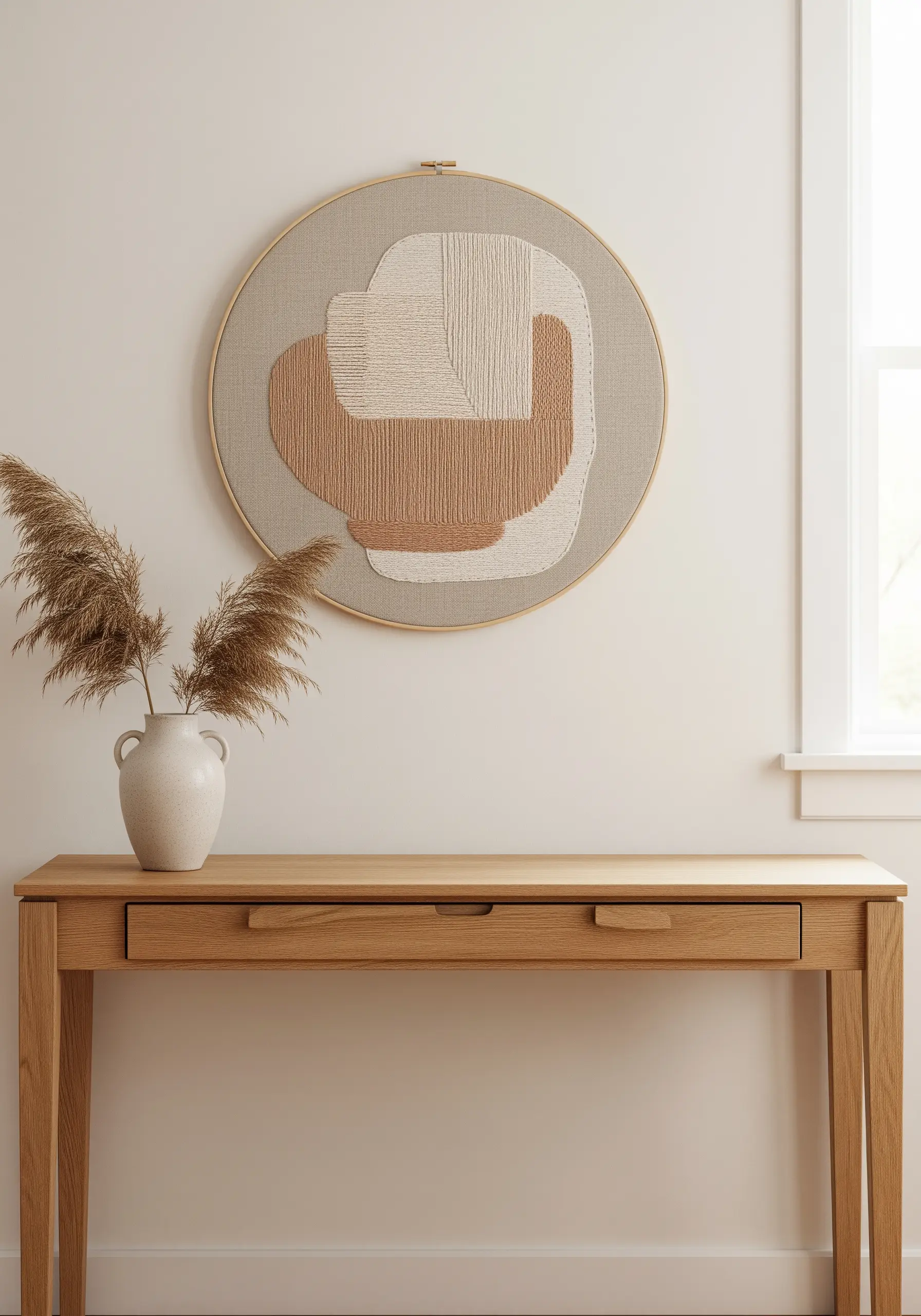 Abstract embroidery with overlapping shapes in off-white, sand, and taupe tones.